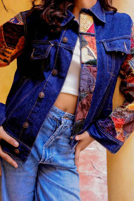 0168-J-HOB BohoPatch Indigo Denim Jacket – Handcrafted Fusion Style- Made in India