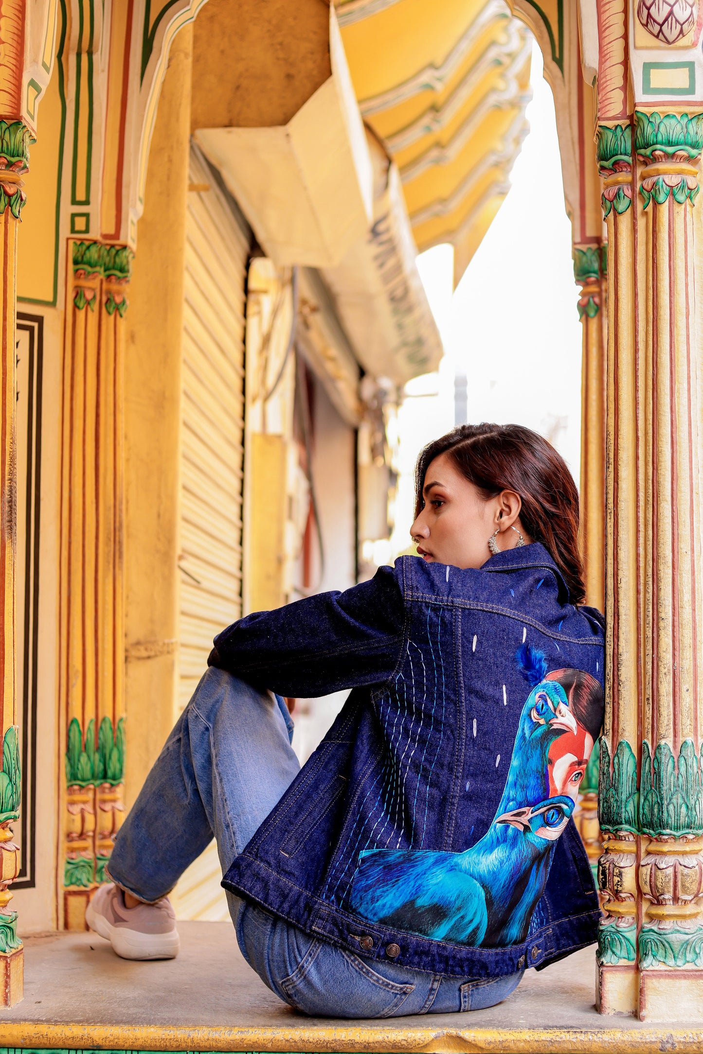 Rustic Glow Denim Jacket with Vibrant Indian Patterns