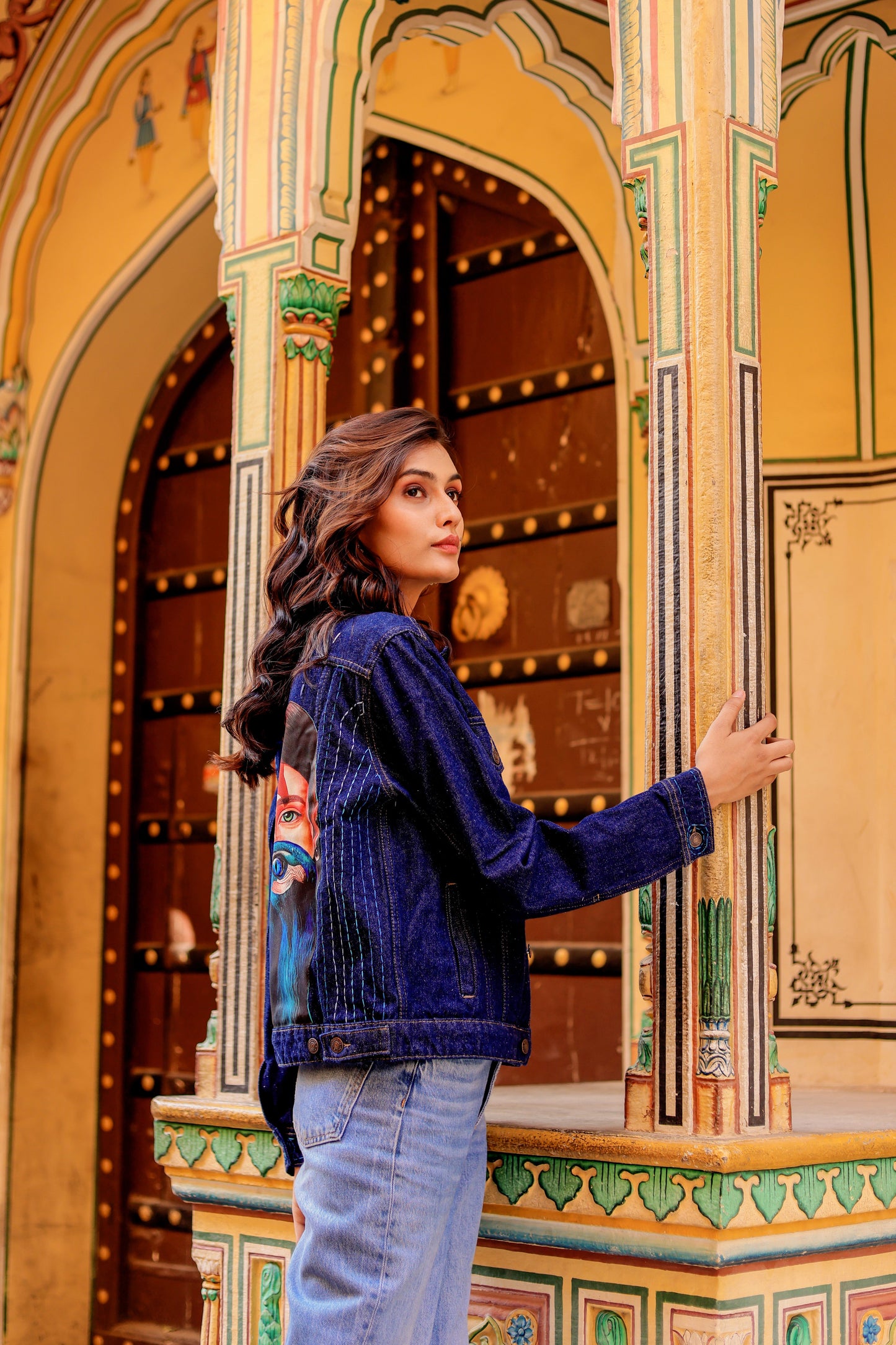 Rustic Glow Denim Jacket with Vibrant Indian Patterns