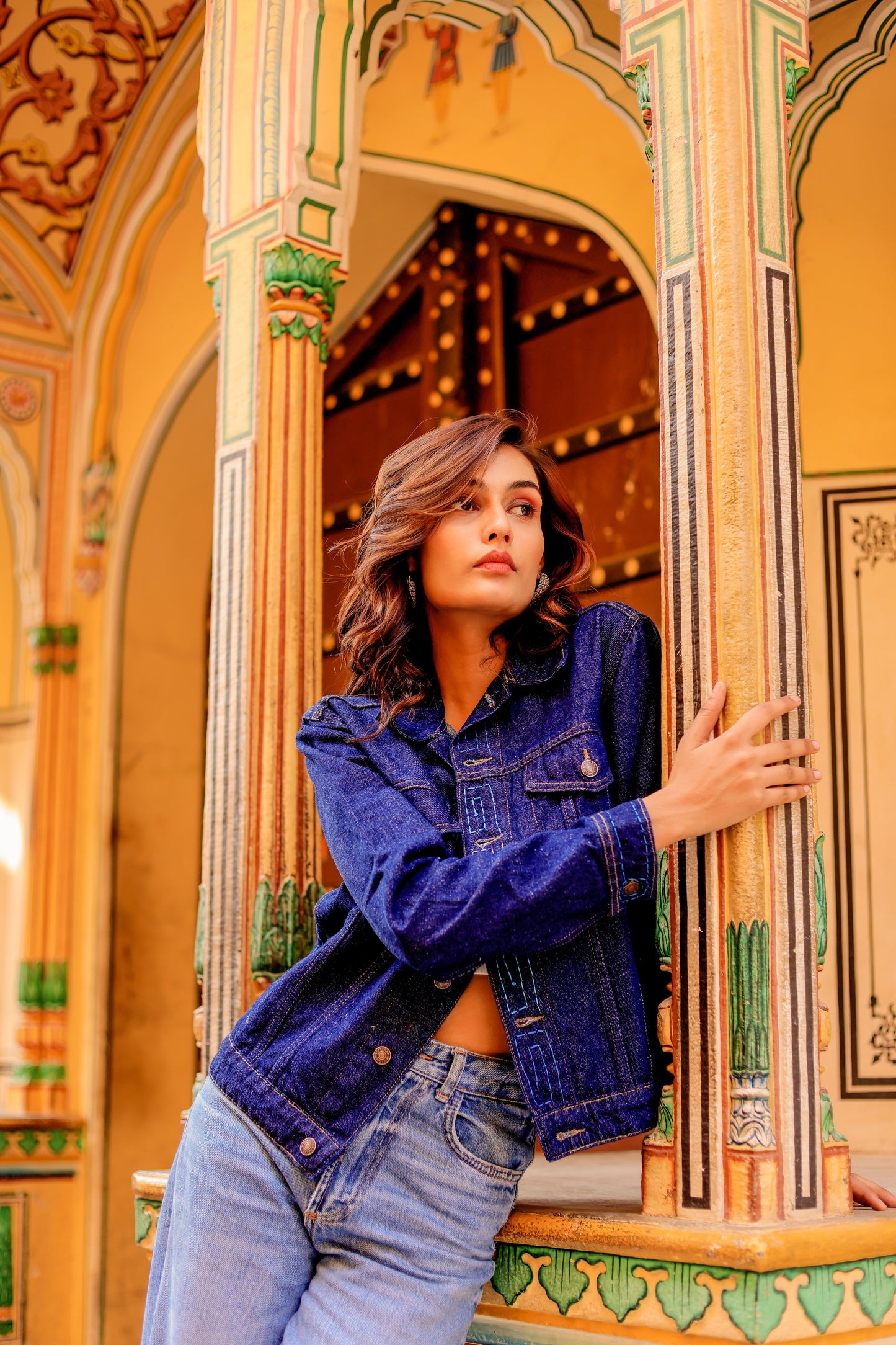 Rustic Glow Denim Jacket with Vibrant Indian Patterns