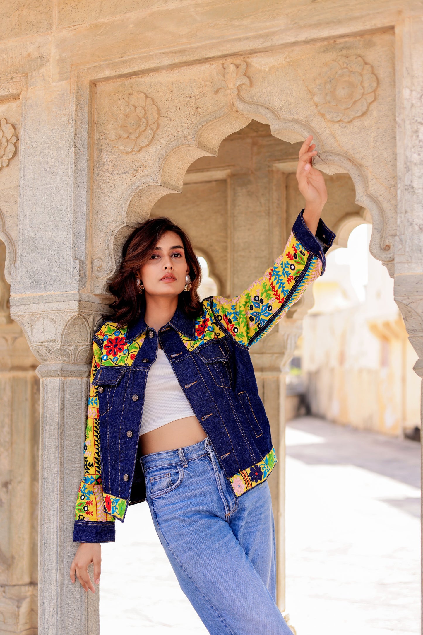 Cultural Wave Denim Jacket with Intricate Handmade Work