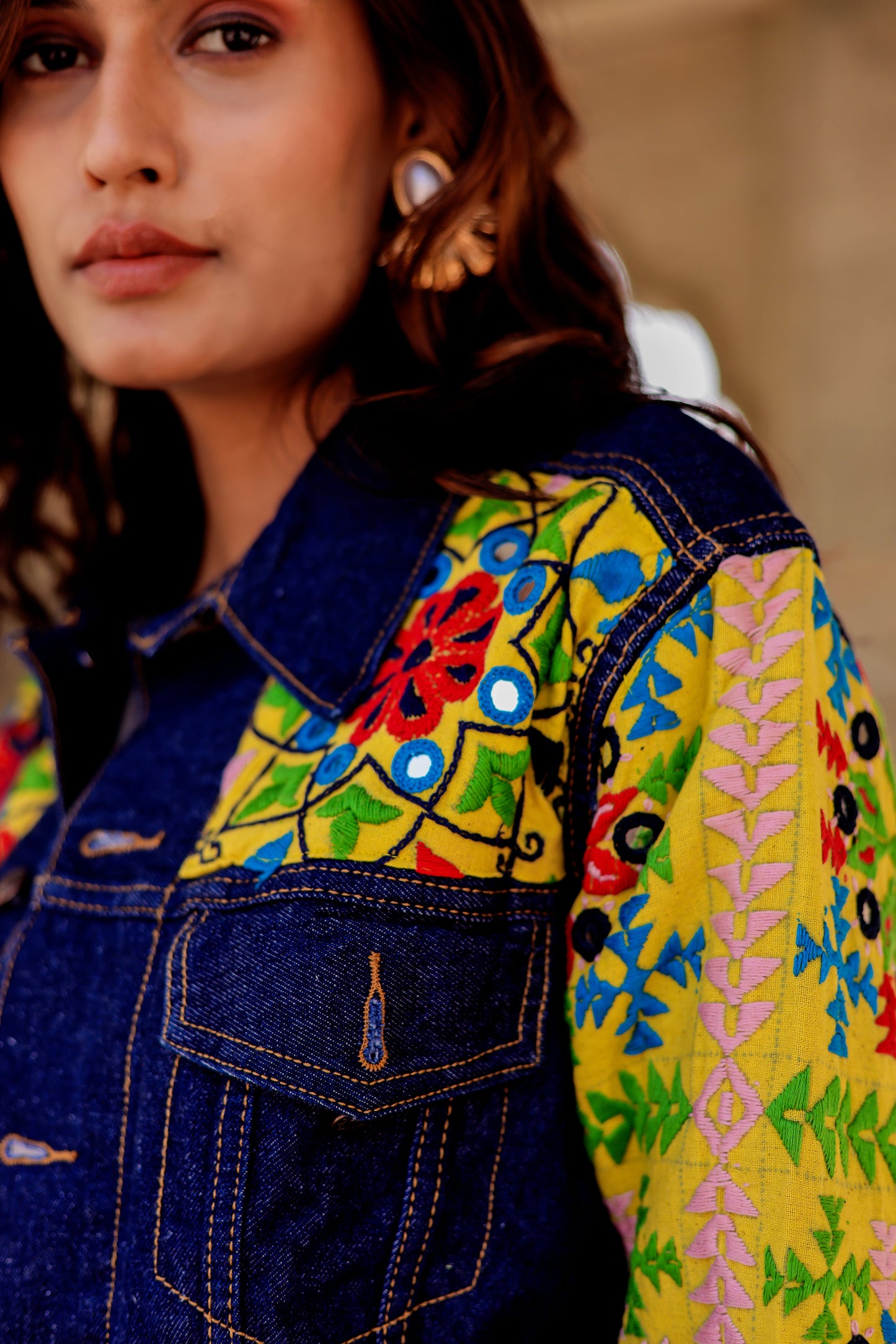 Cultural Wave Denim Jacket with Intricate Handmade Work