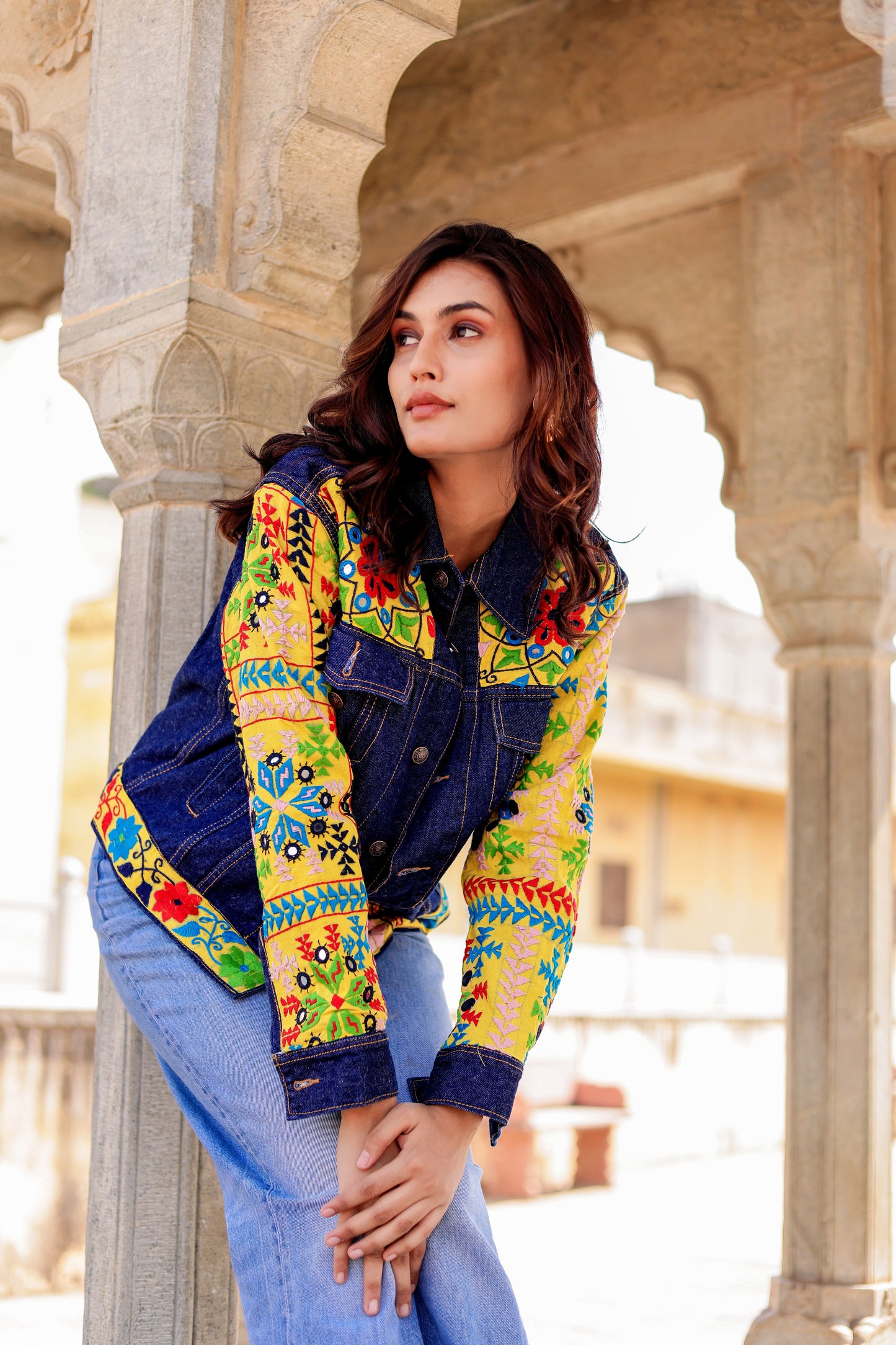 Cultural Wave Denim Jacket with Intricate Handmade Work