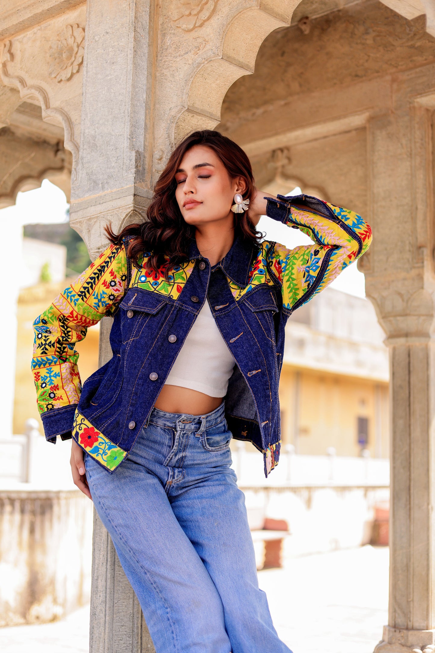 Cultural Wave Denim Jacket with Intricate Handmade Work