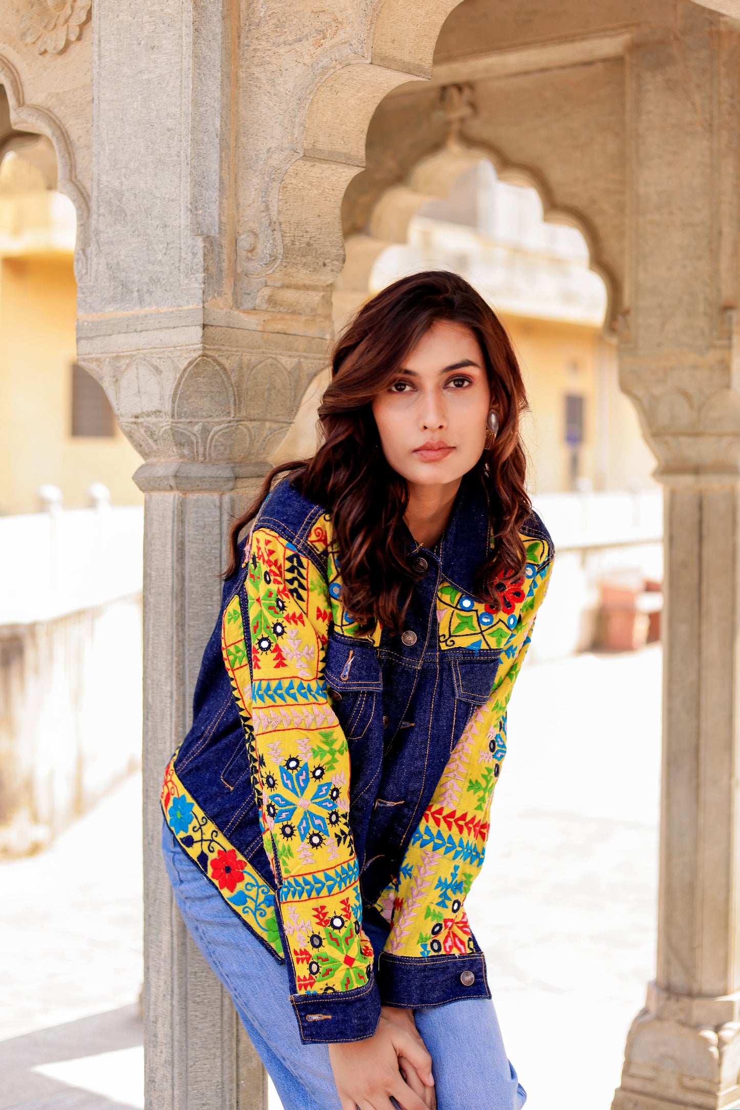Cultural Wave Denim Jacket with Intricate Handmade Work