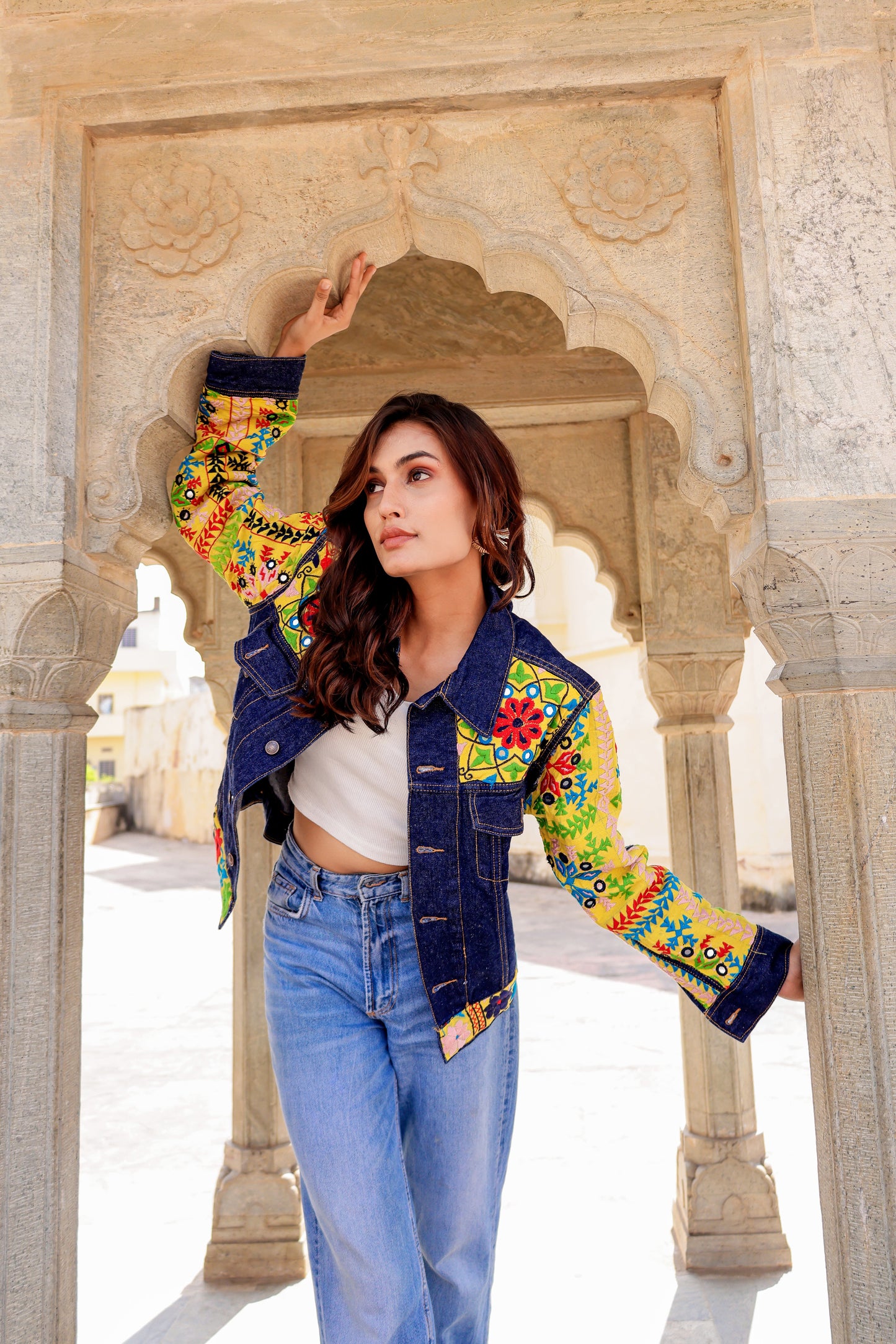 Cultural Wave Denim Jacket with Intricate Handmade Work