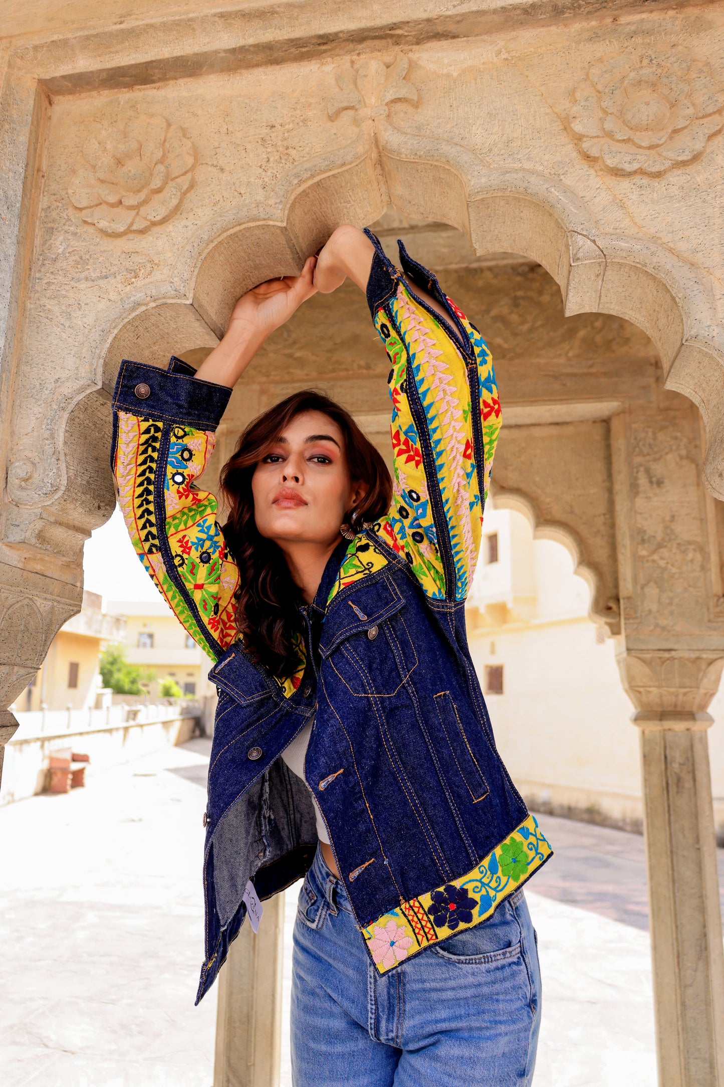 Cultural Wave Denim Jacket with Intricate Handmade Work