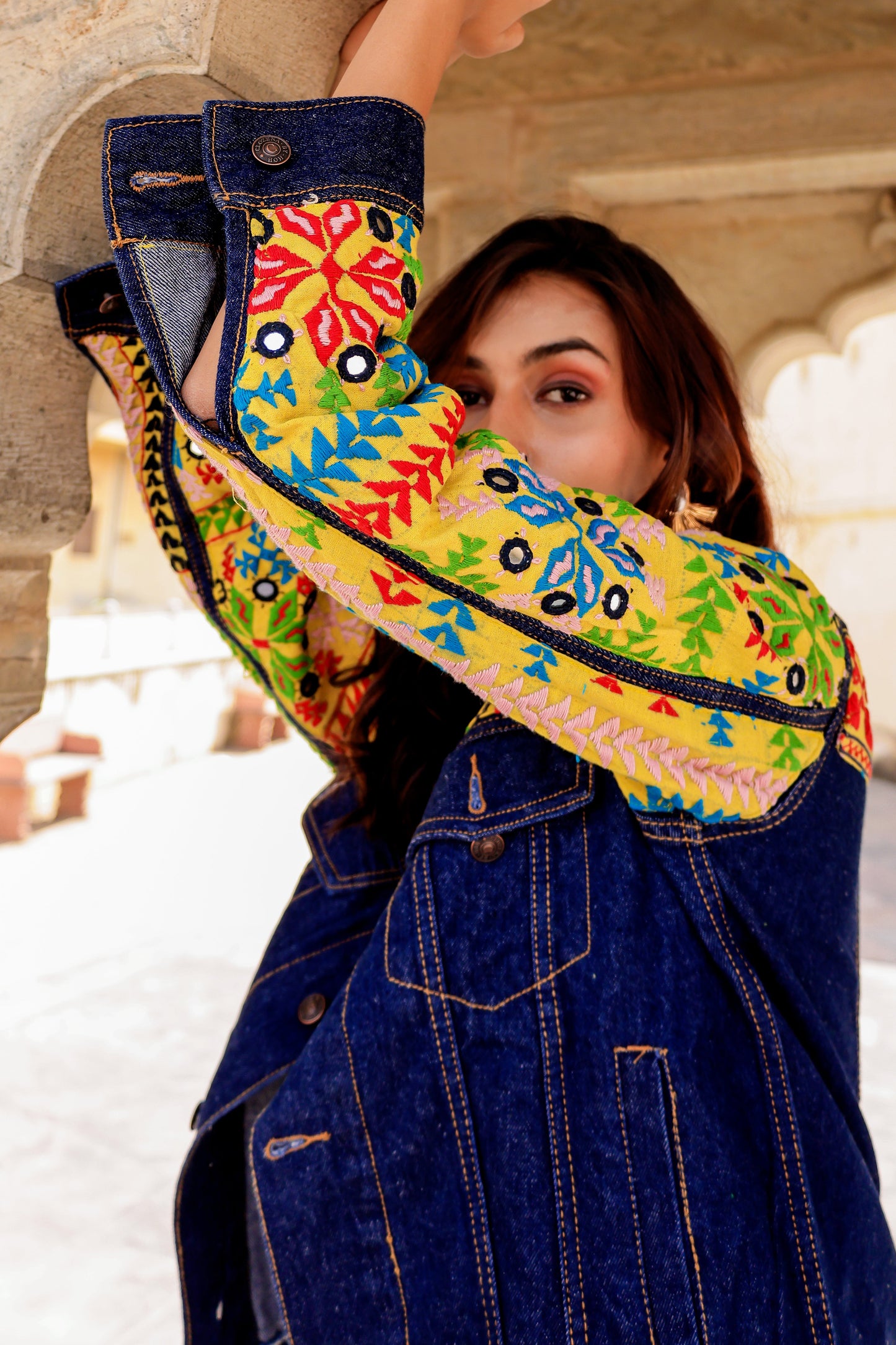 Cultural Wave Denim Jacket with Intricate Handmade Work