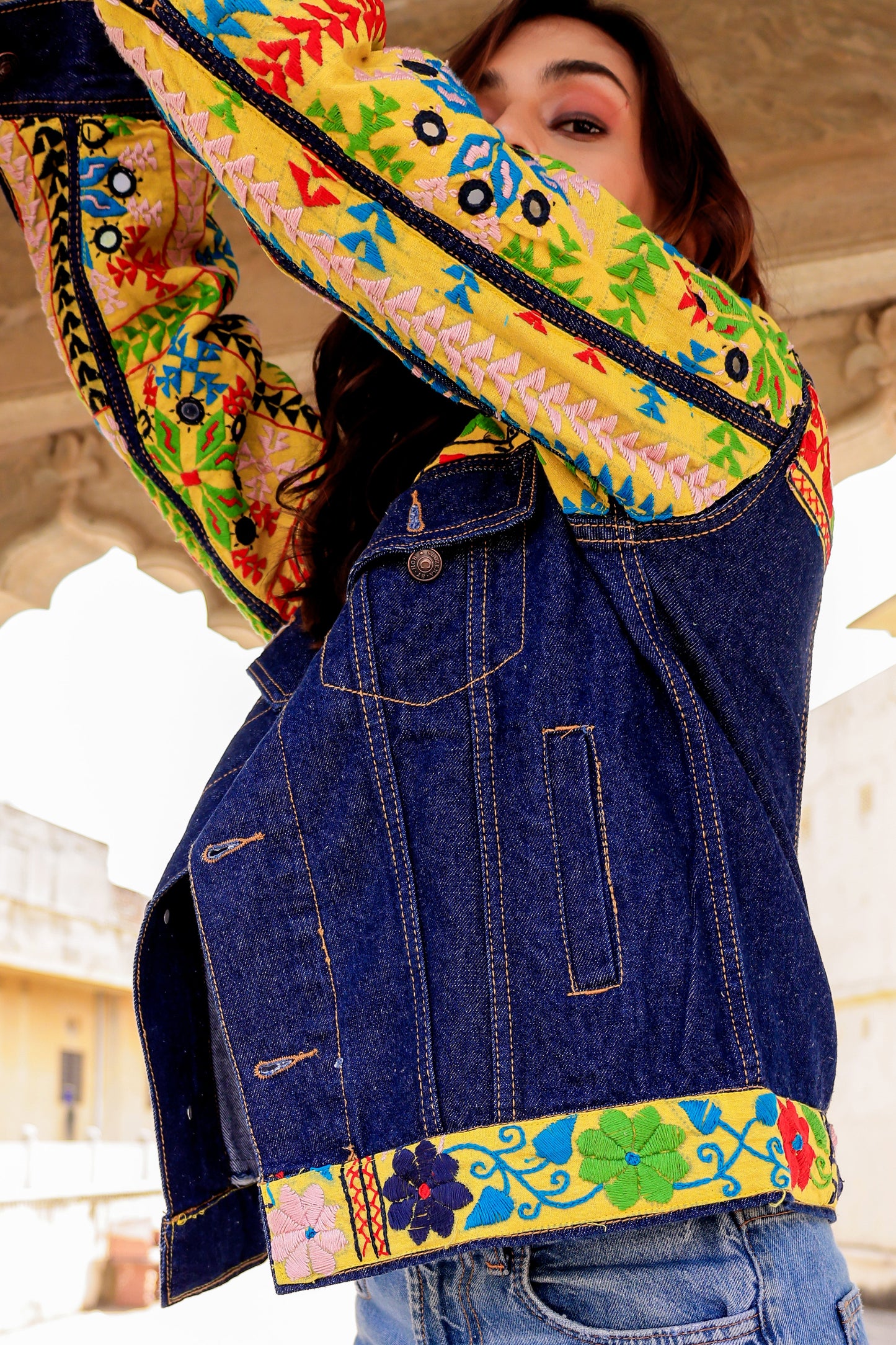 Cultural Wave Denim Jacket with Intricate Handmade Work