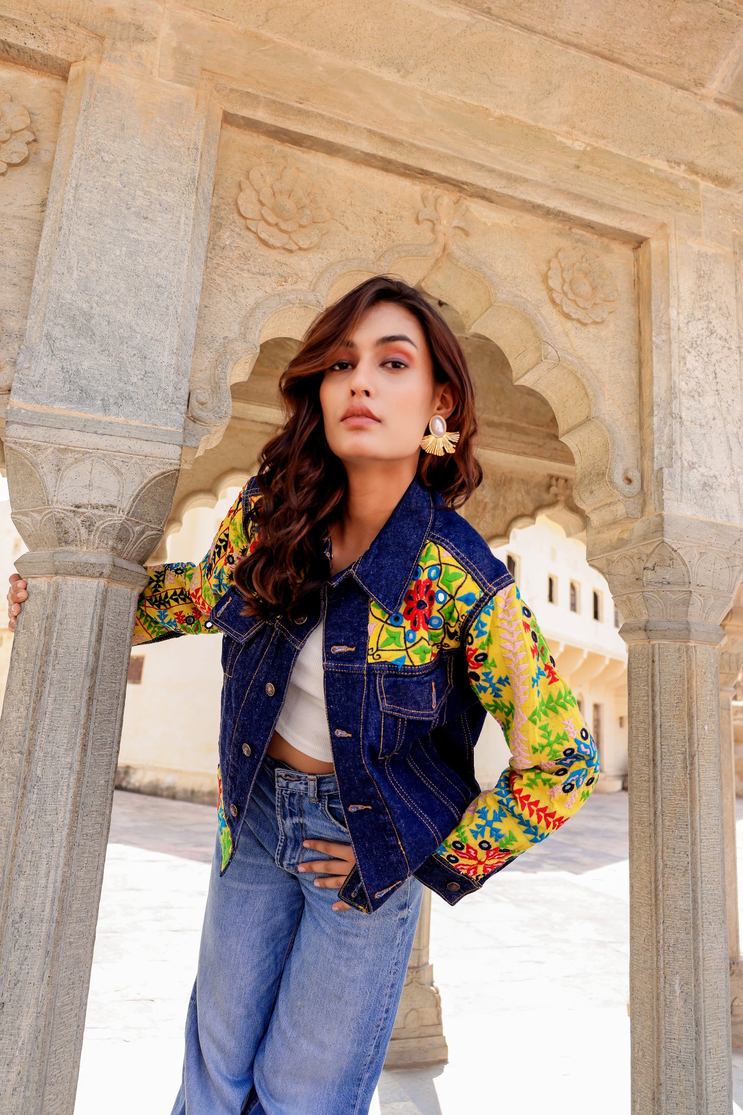 Cultural Wave Denim Jacket with Intricate Handmade Work