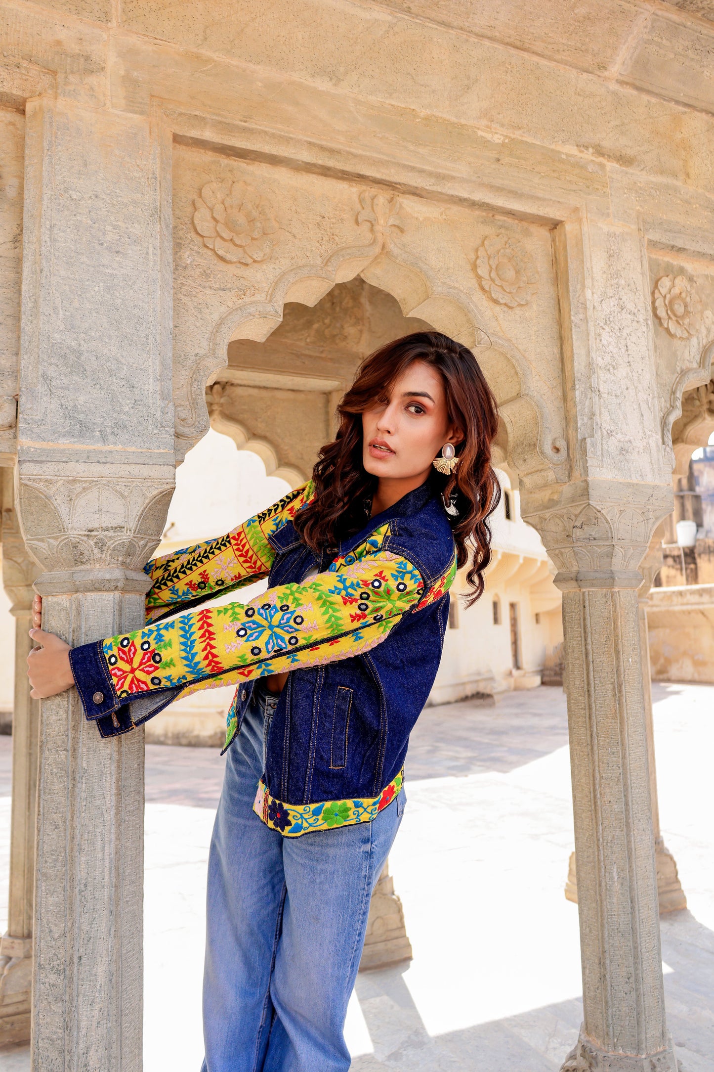 Cultural Wave Denim Jacket with Intricate Handmade Work