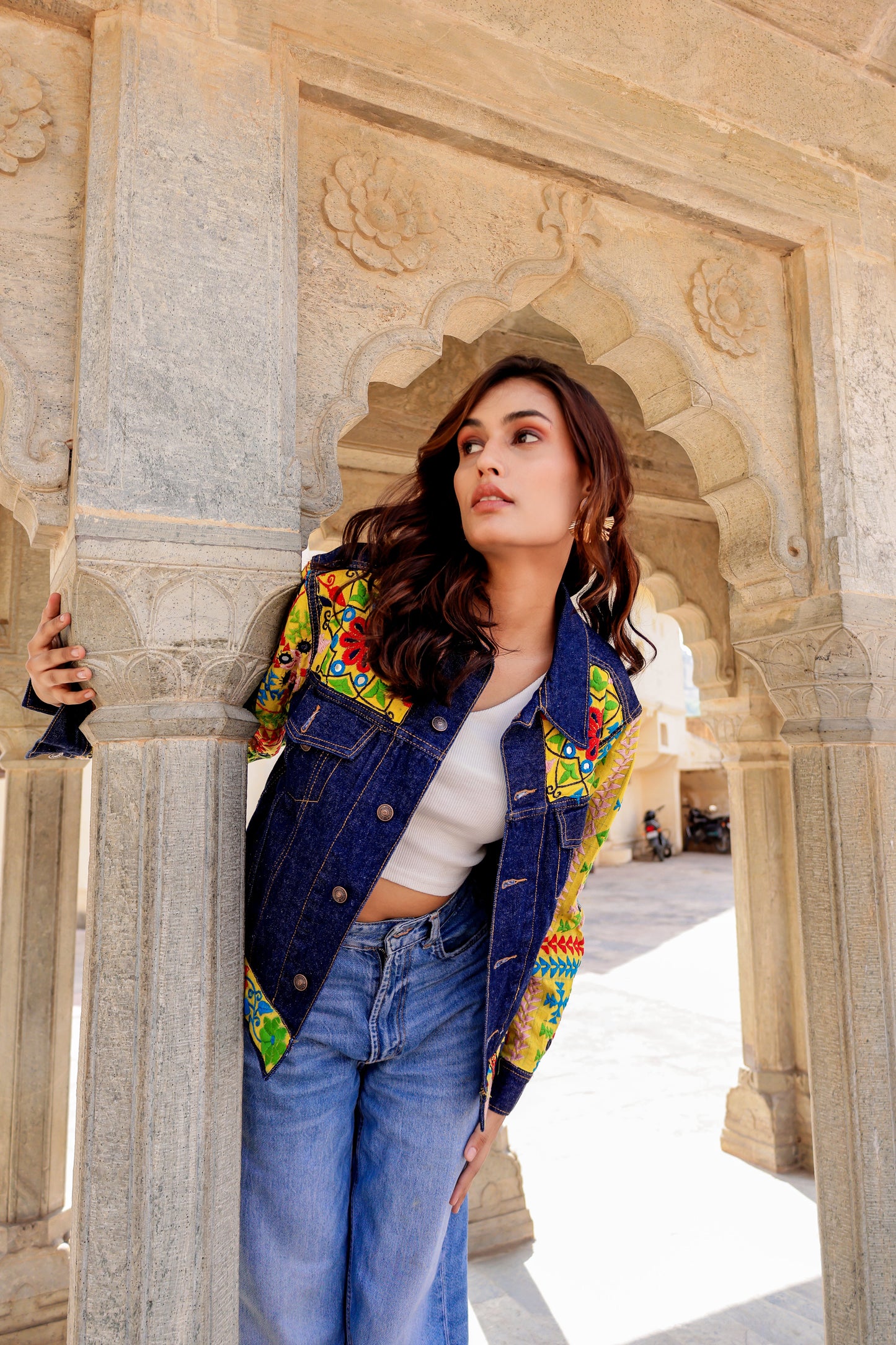 Cultural Wave Denim Jacket with Intricate Handmade Work