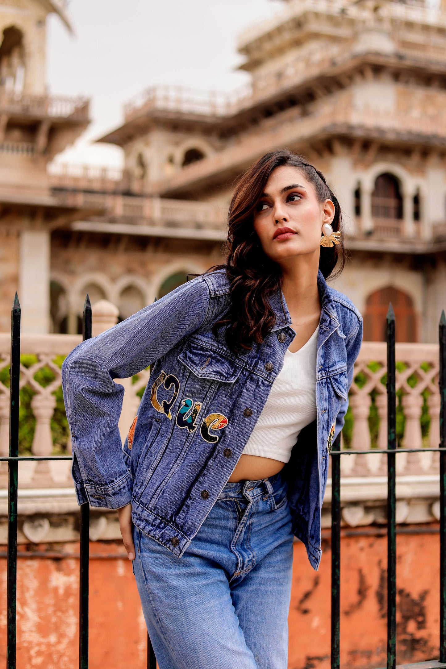 Cultural Wave Denim Jacket with Intricate Handmade Work