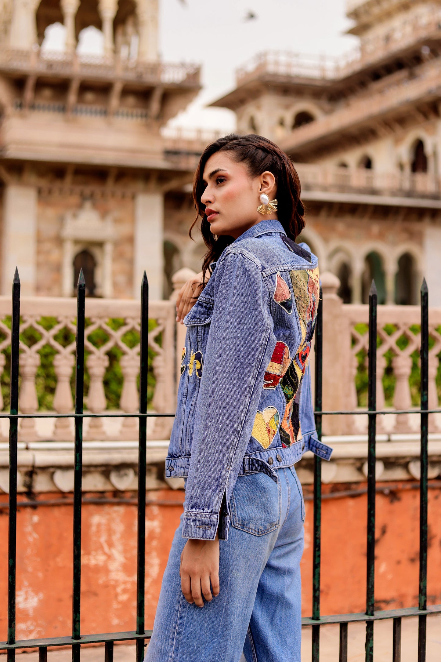 Cultural Wave Denim Jacket with Intricate Handmade Work