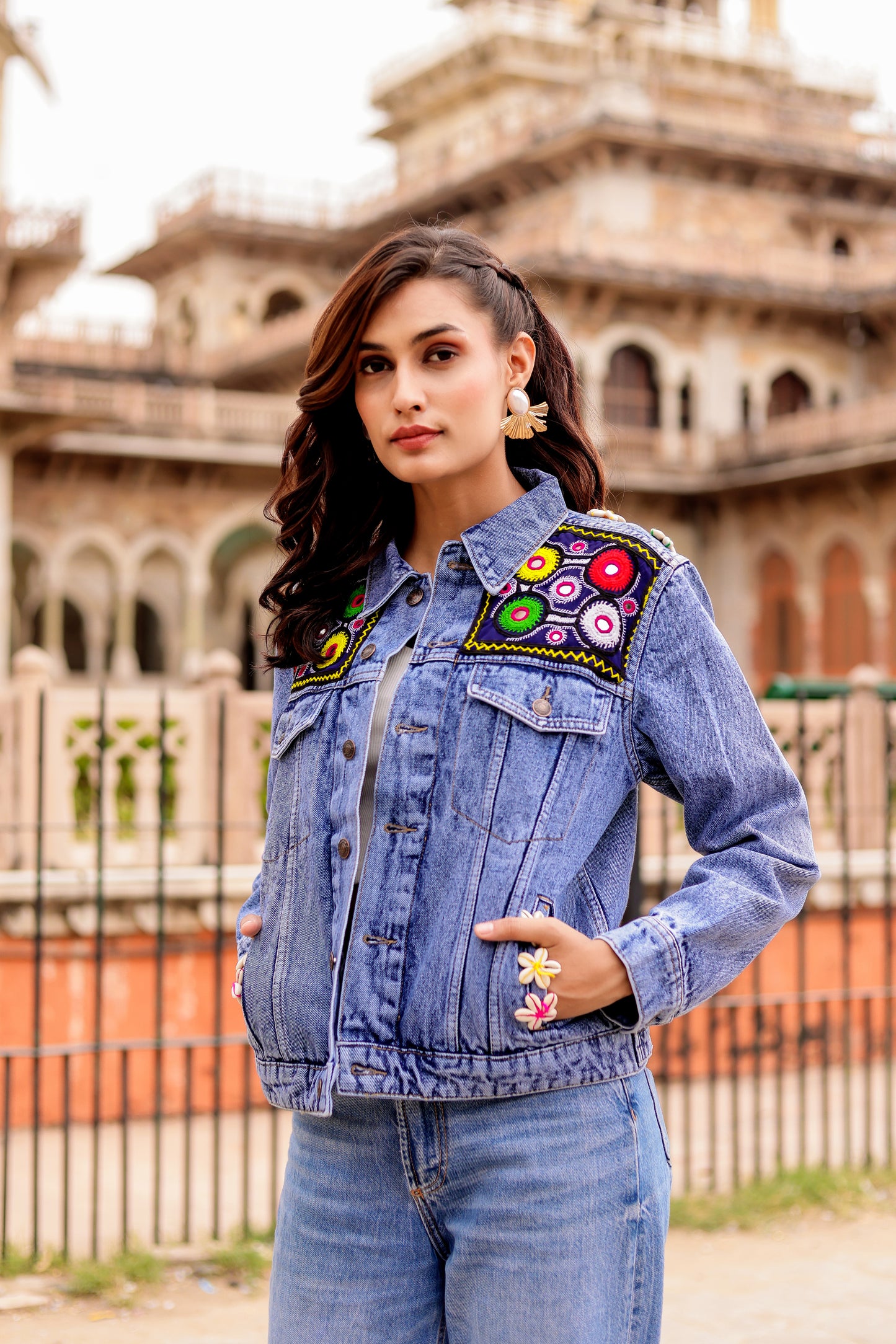 0163-J-HOB-Boho Chic Embroidered Denim Jacket - Made in India