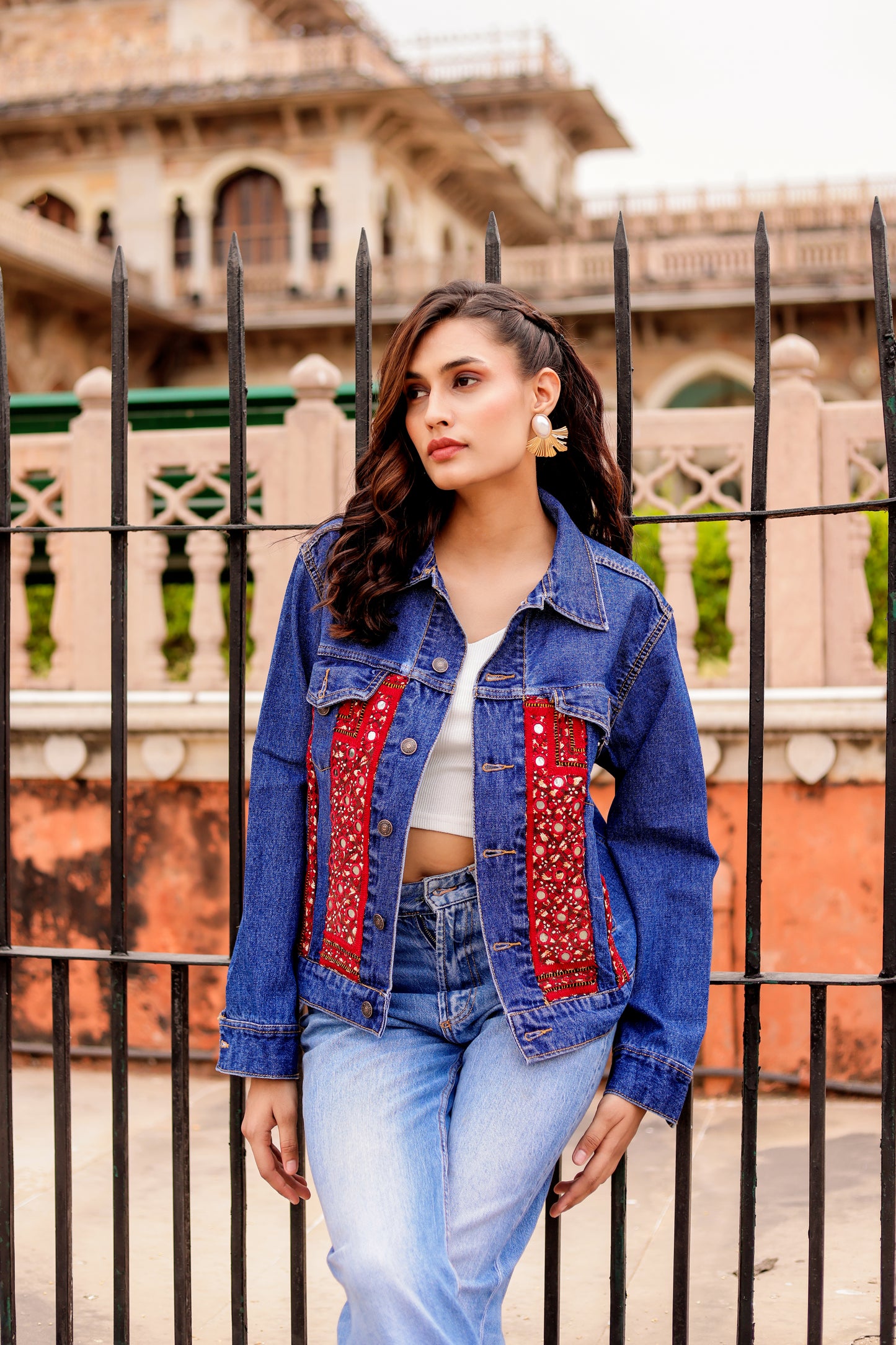 0175-J-HOB Indigo Bloom" Embroidered Patch Denim Jacket - Made in India