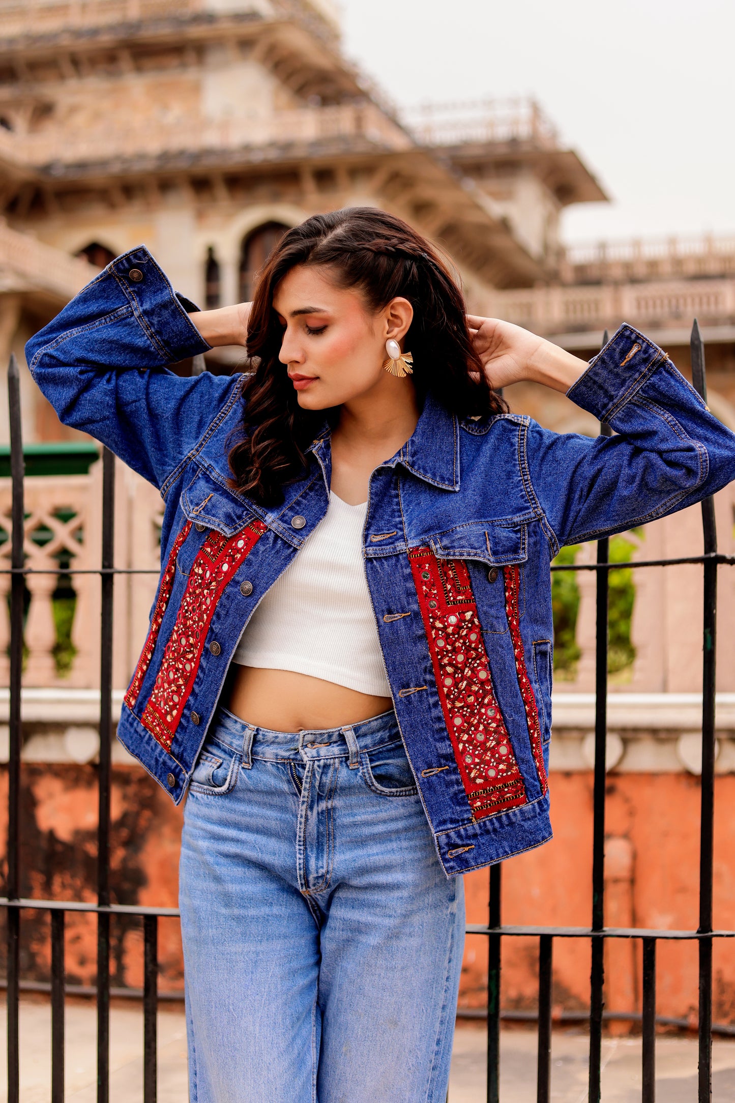 0175-J-HOB Indigo Bloom" Embroidered Patch Denim Jacket - Made in India