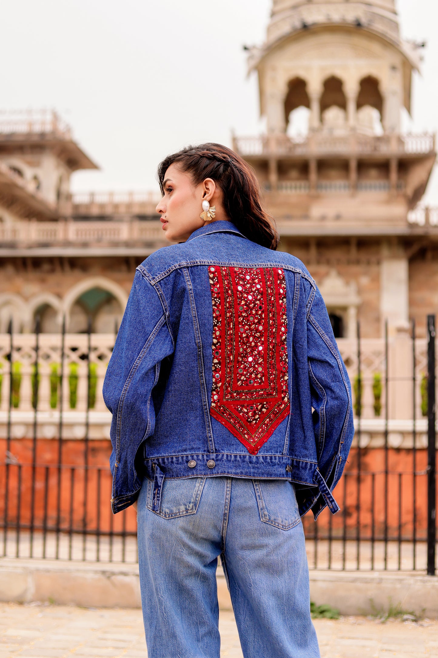0175-J-HOB Indigo Bloom" Embroidered Patch Denim Jacket - Made in India