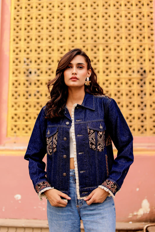 0164-J-HOB-Artisan Embroidered Indigo Denim Jacket - Made in India