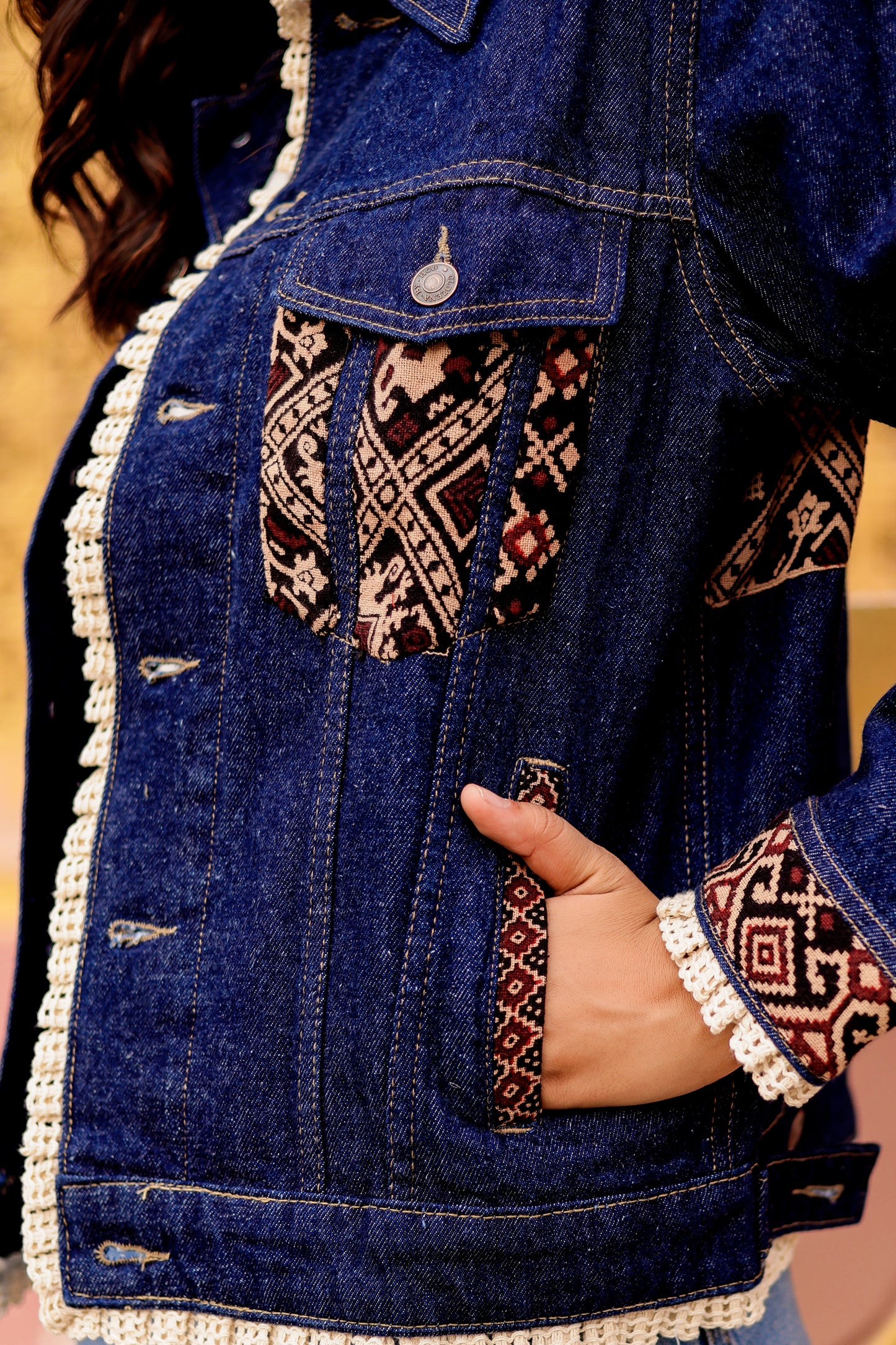 Boho Spirit Jacket: Fusion of Denim and Indian Art