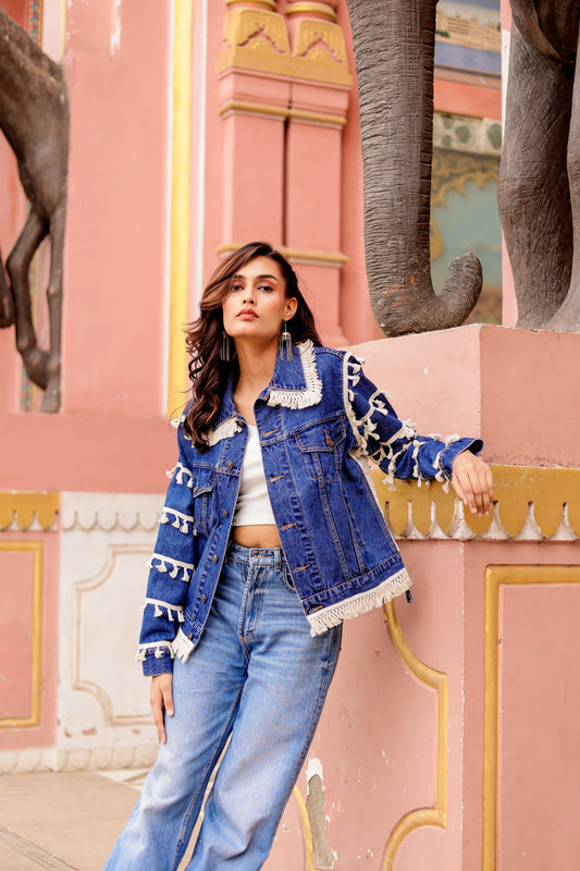 0174-J-HOB Boho-Chic Indian Denim Tassel Jacket - Made in India