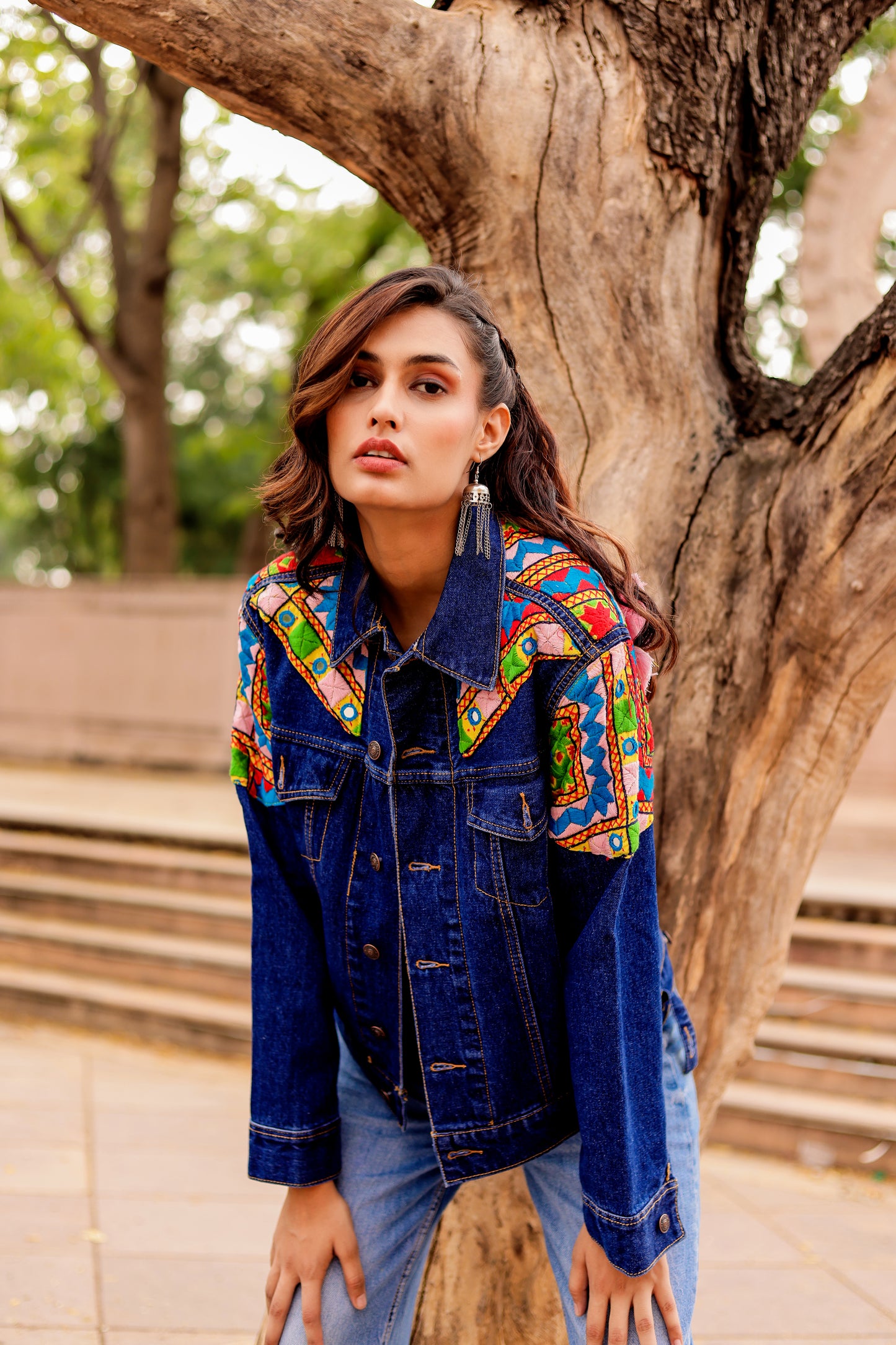 0173-J-HOB Boho-Chic Embroidered Denim Jacket - Made in India
