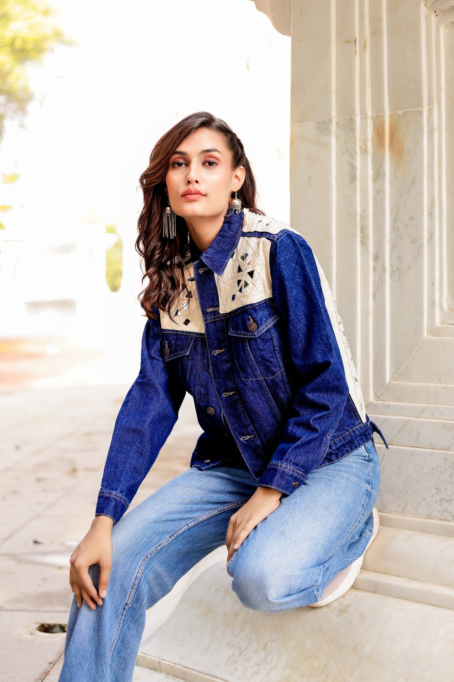 0166-J-HOB Embroidered Denim Fusion Jacket – Indigo Heritage- Made in India