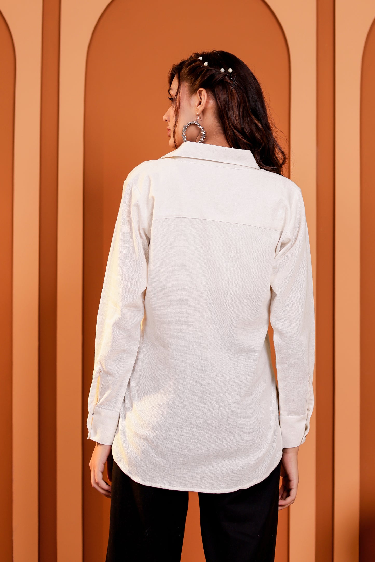 0186-S-HOB-Women's Cotton-Linen Blend Button-Down Shirt with Ethnic Patch Pocket - Made in india