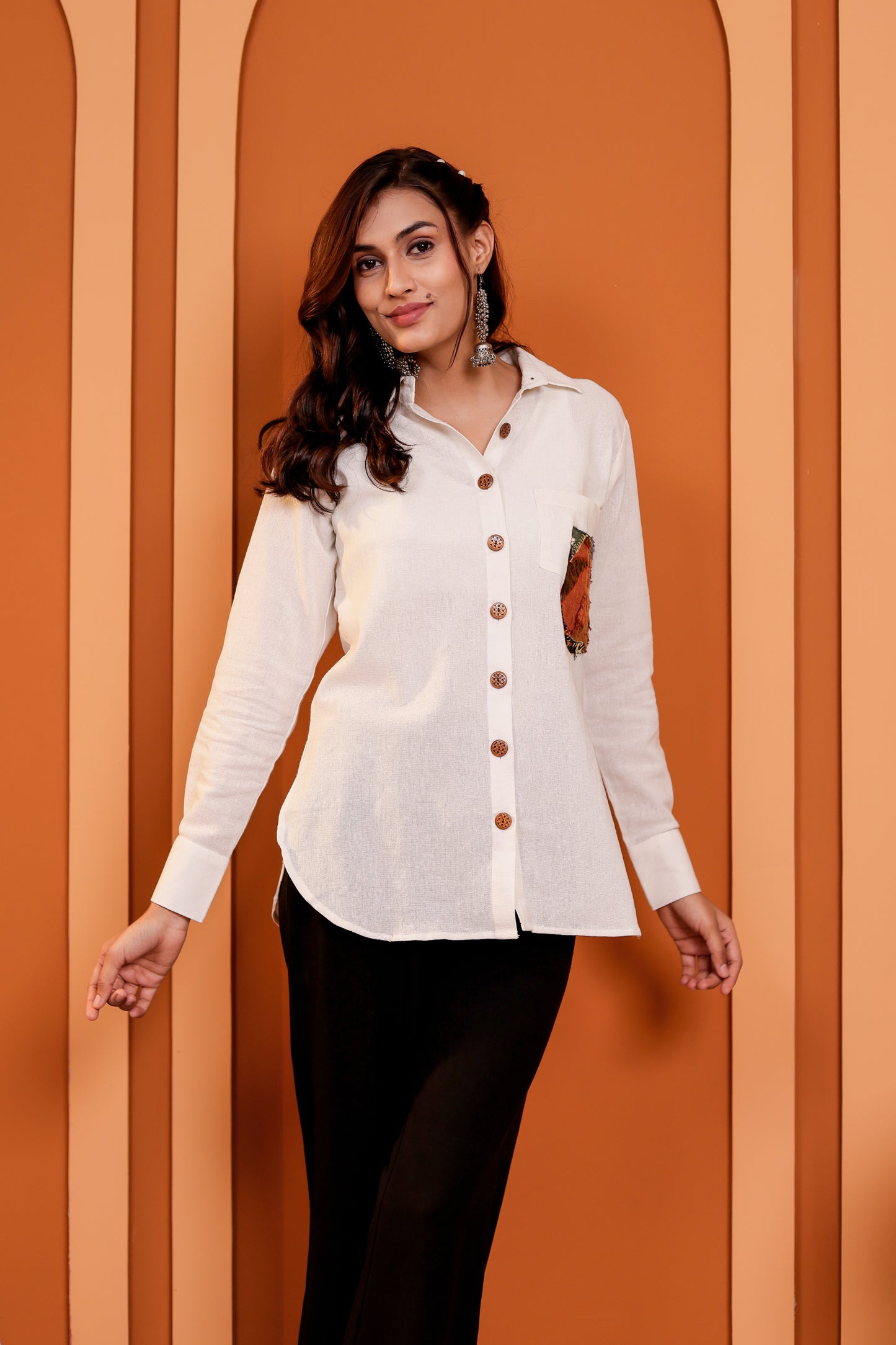 0186-S-HOB-Women's Cotton-Linen Blend Button-Down Shirt with Ethnic Patch Pocket - Made in india