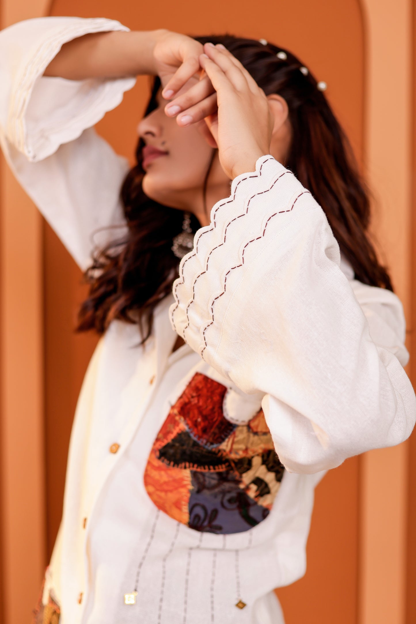 0184-S-HOB-Handcrafted Cotton Fusion Kurti with Patchwork Pockets - Made in india