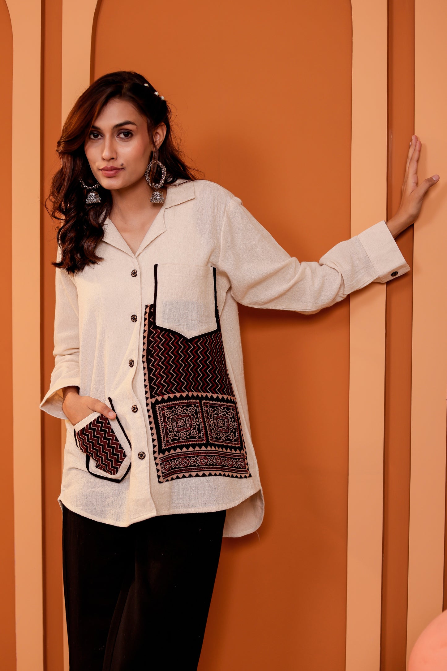 0185-S-HOB-Handcrafted Cotton Khadi Shirt with Traditional Ajrakh-Inspired Embroidery - Made in india