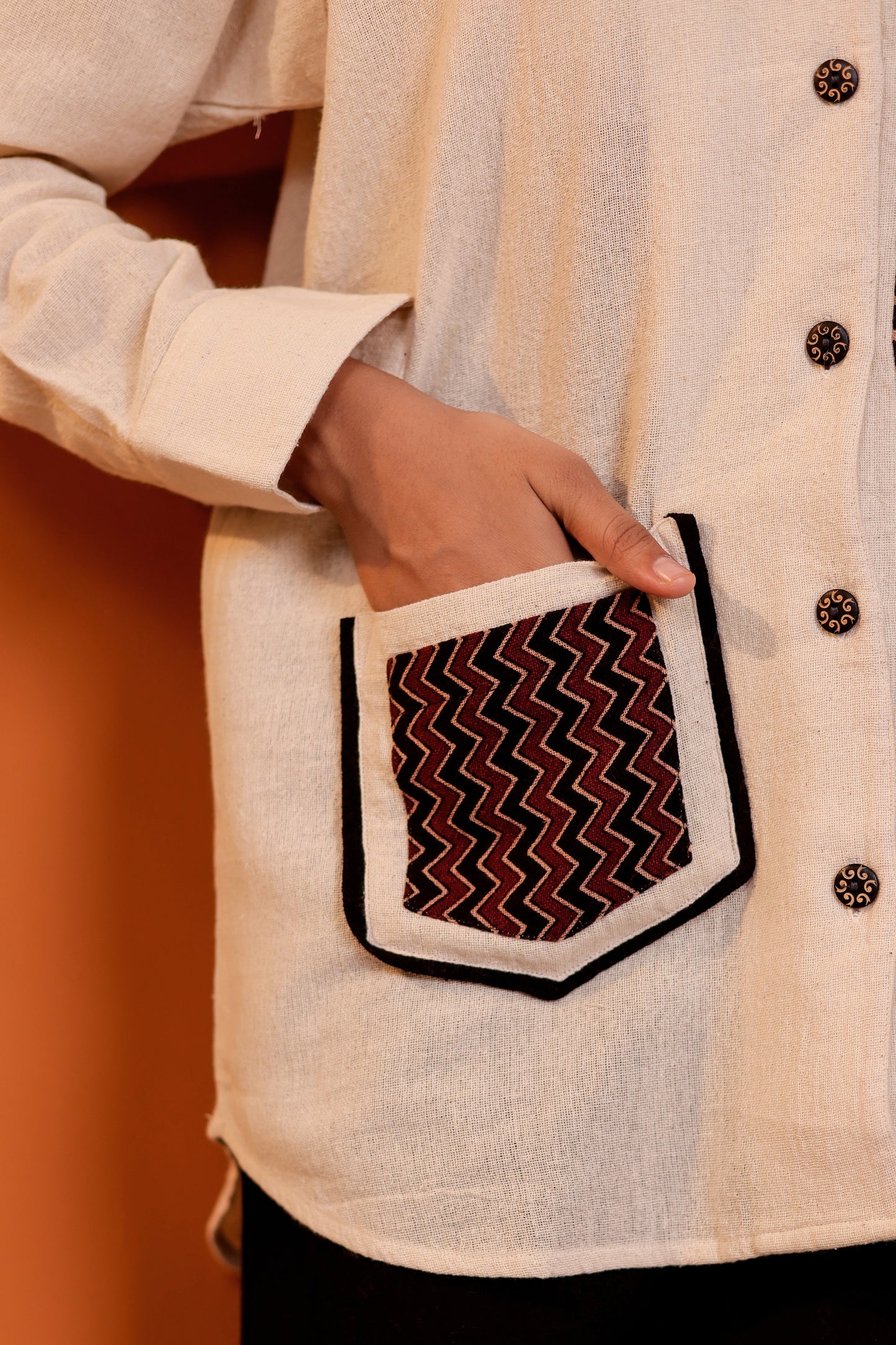 0185-S-HOB-Handcrafted Cotton Khadi Shirt with Traditional Ajrakh-Inspired Embroidery - Made in india
