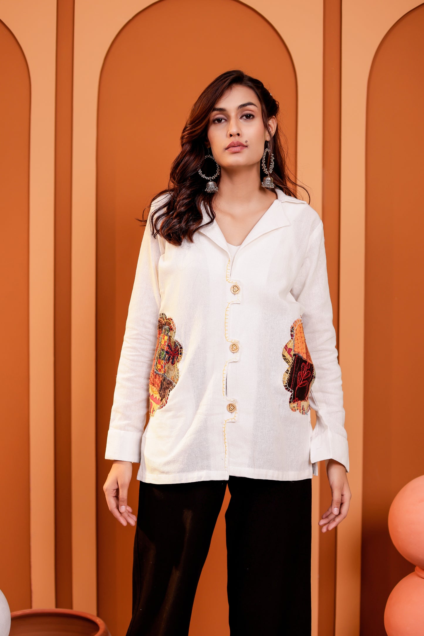 0182-S-HOB Women's Handcrafted Patchwork Cotton Button-Down Kurti Shirt- Made in india