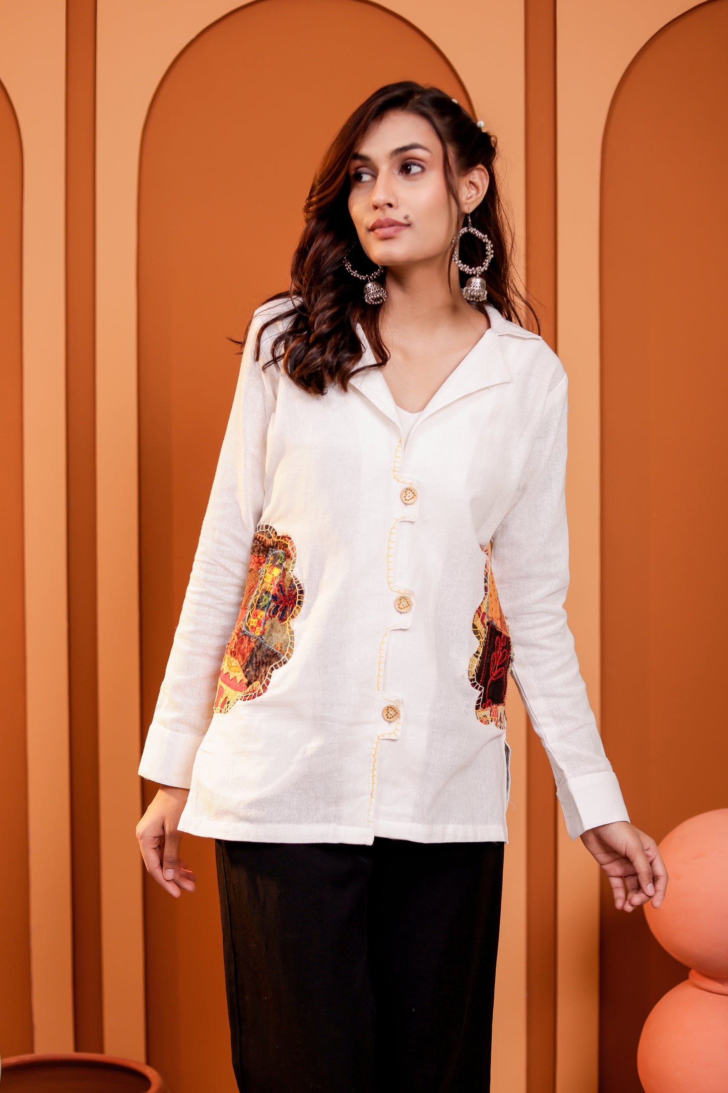 0182-S-HOB Women's Handcrafted Patchwork Cotton Button-Down Kurti Shirt- Made in india