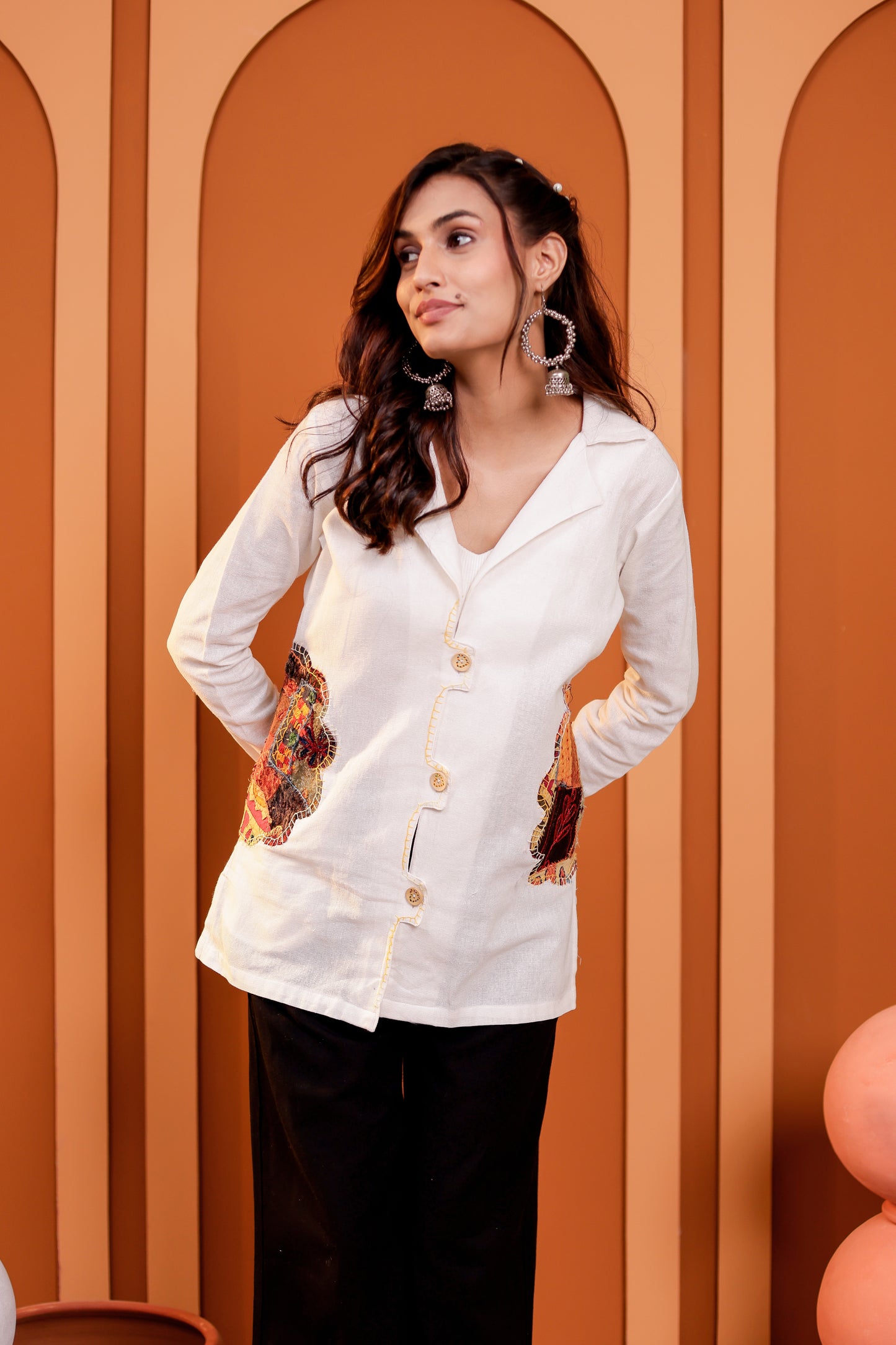 0182-S-HOB Women's Handcrafted Patchwork Cotton Button-Down Kurti Shirt- Made in india