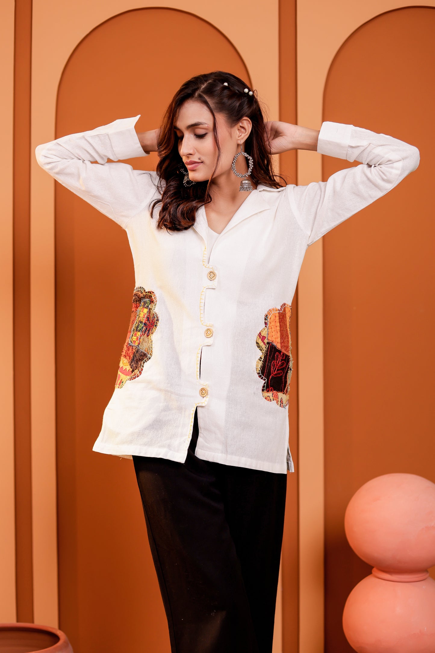 0182-S-HOB Women's Handcrafted Patchwork Cotton Button-Down Kurti Shirt- Made in india