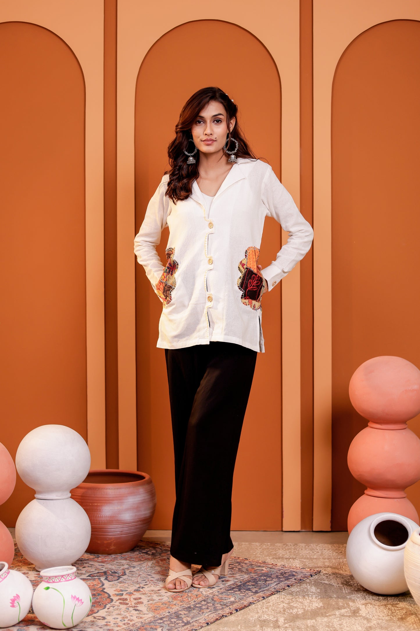 0182-S-HOB Women's Handcrafted Patchwork Cotton Button-Down Kurti Shirt- Made in india