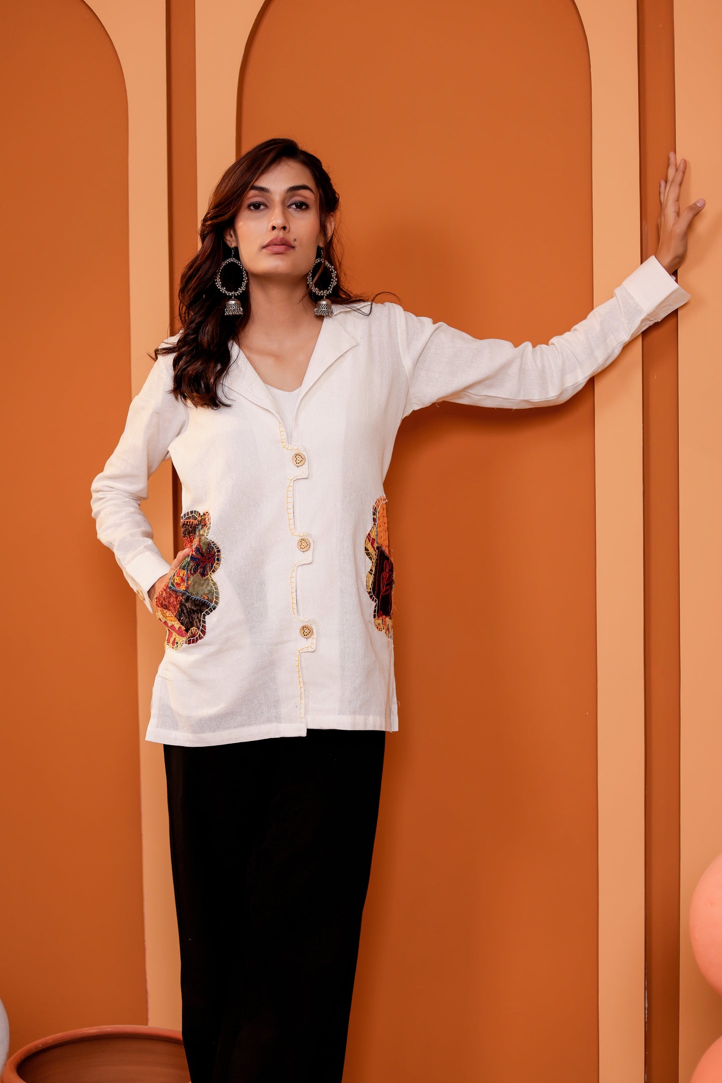 0182-S-HOB Women's Handcrafted Patchwork Cotton Button-Down Kurti Shirt- Made in india