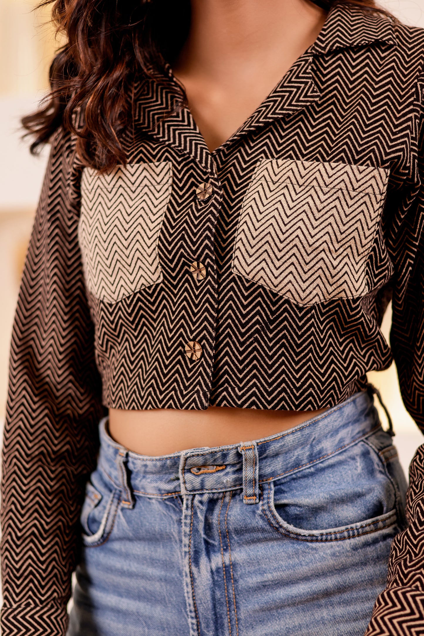 0178-S-HOB Women's Zigzag Print Crop Shirt - Made in India