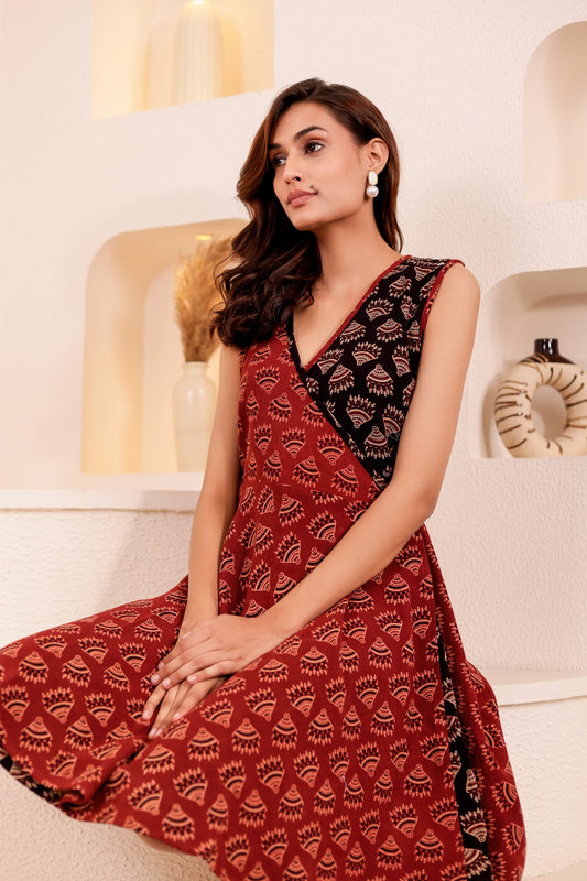 0187-D-HOB-Boho Breeze Cotton Wrap Dress – Dual Tone Handblock Print - Made in india