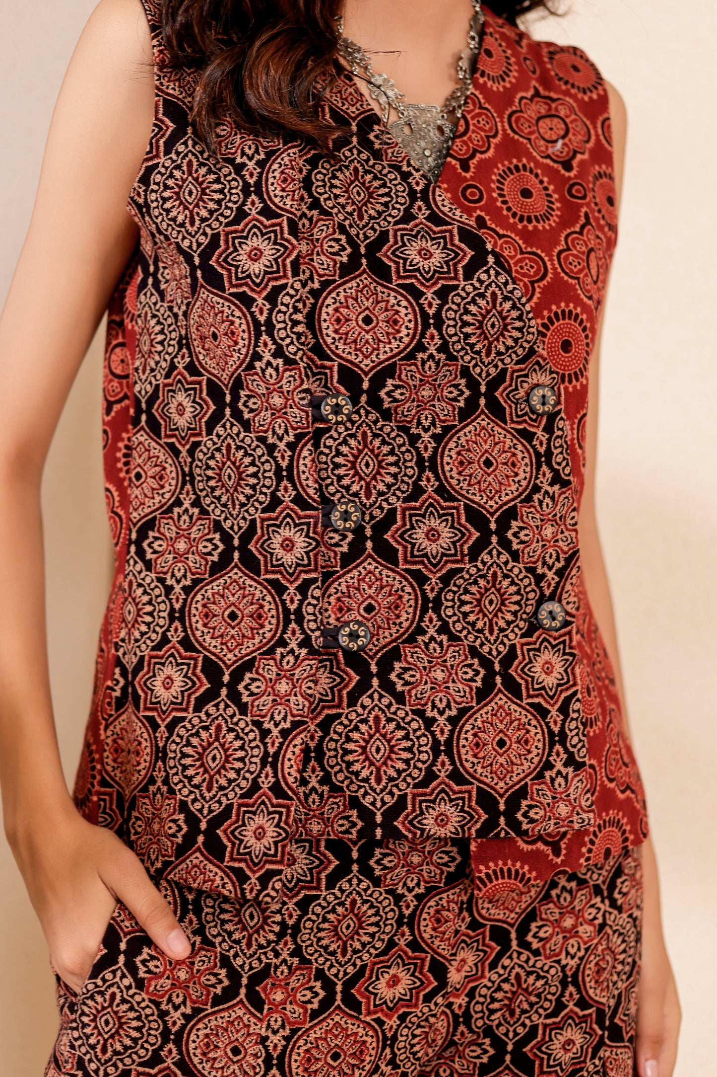 0188-C-HOB-Handcrafted Ajrakh Print Sleeveless Cotton Top - Made in india