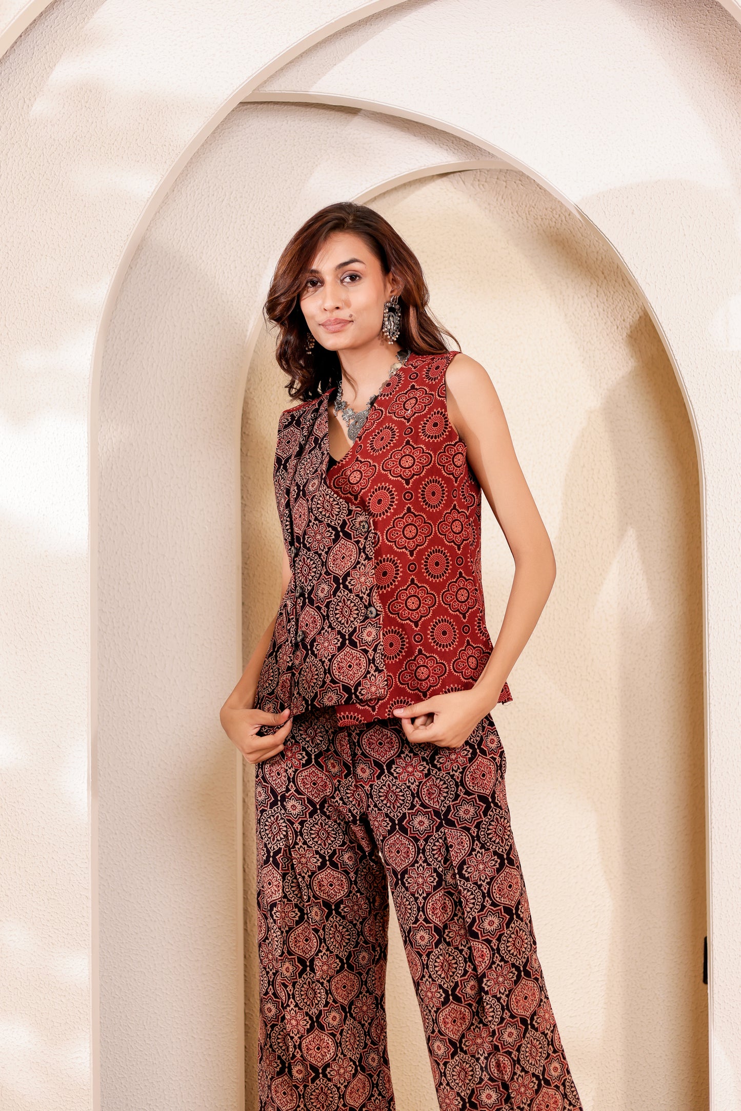 0188-C-HOB-Handcrafted Ajrakh Print Sleeveless Cotton Top - Made in india