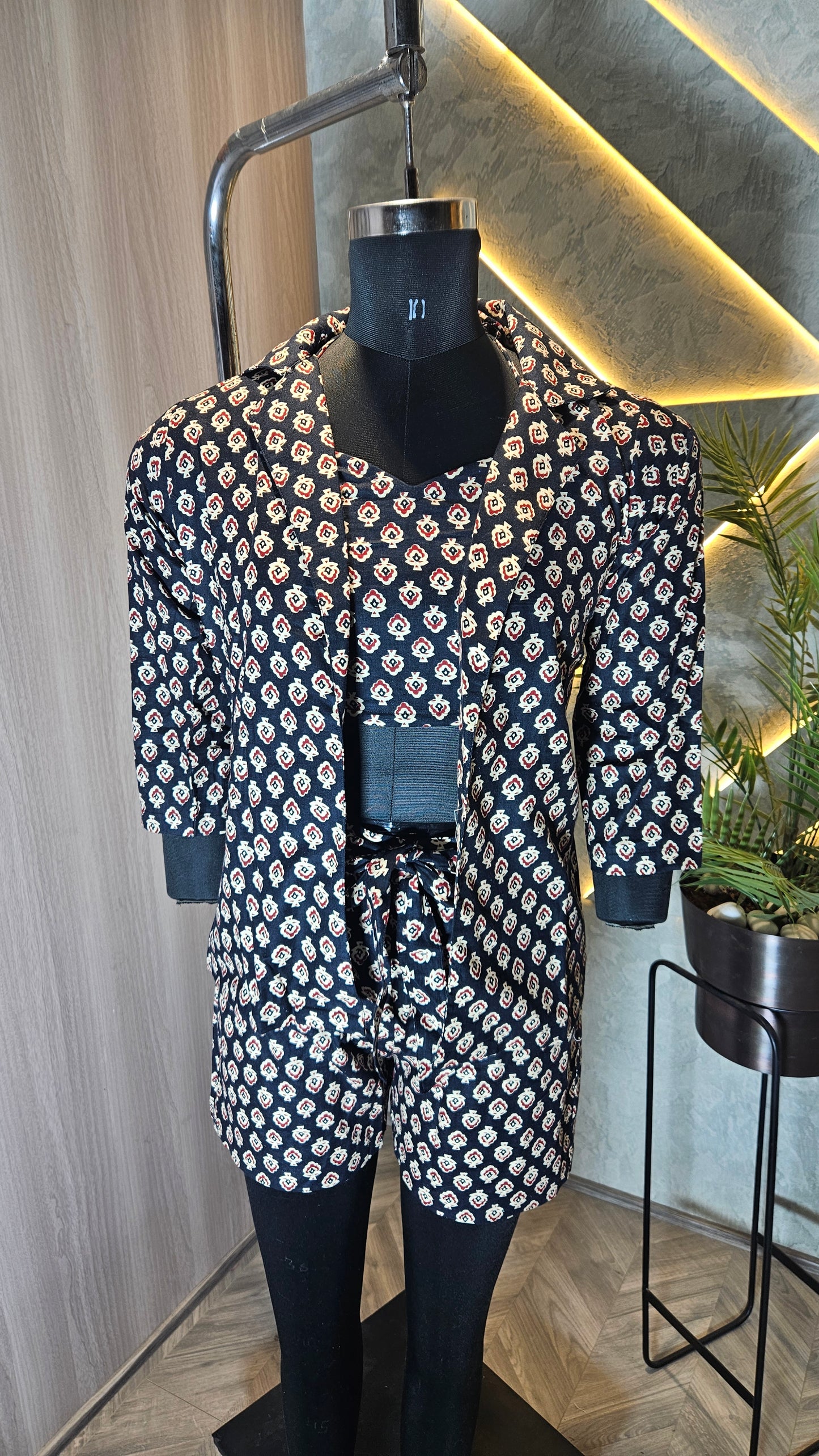 022-C-HOB Women's Printed Cotton Co-ord Set – 3 Piece (Top, Shorts, and Shrug) – Made in India