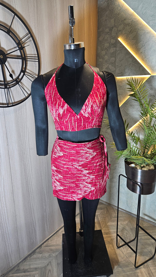 024-C-HOB Women's Handcrafted Red Ikat Print Halter Crop Top – Made in India