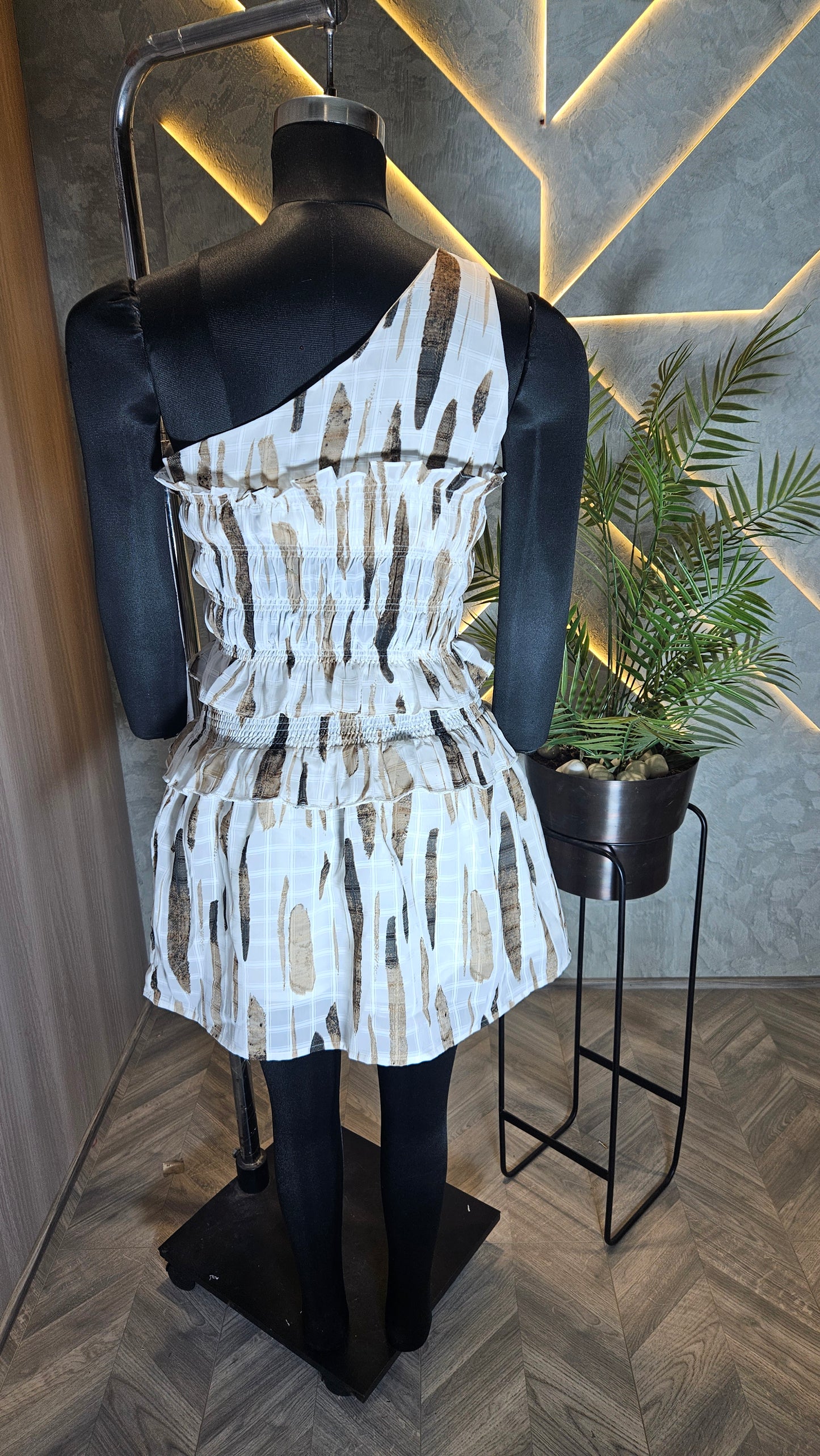 025-C-HOB Women's One-Shoulder Smocked Crop Top with Tiered Hem – Tribal Brushstroke Print – Made in India