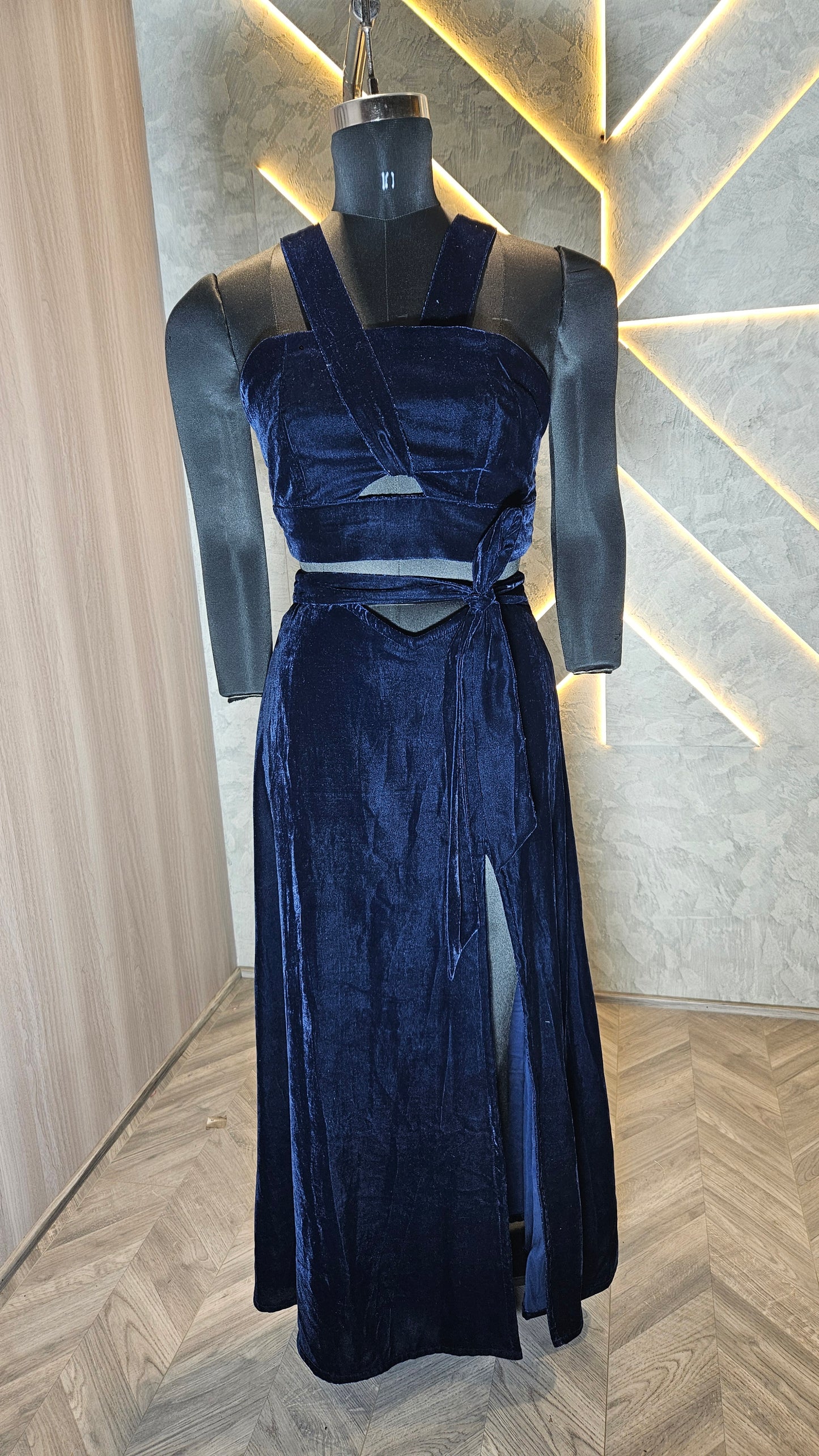 027-C-HOB Elegant Navy Blue Velvet Crop Top with High-Slit Skirt – Made in India