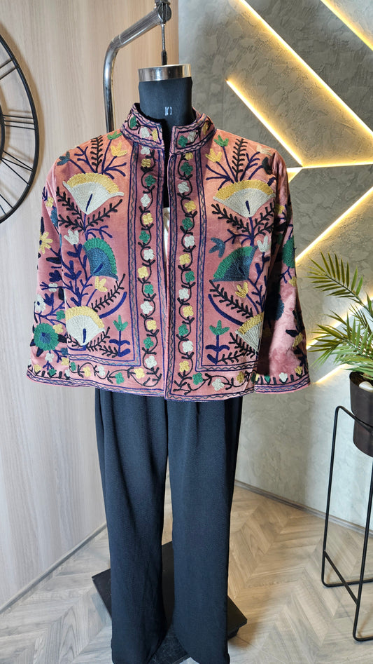 039-J-HOB Handcrafted Embroidered Velvet Cape Top – Made in India