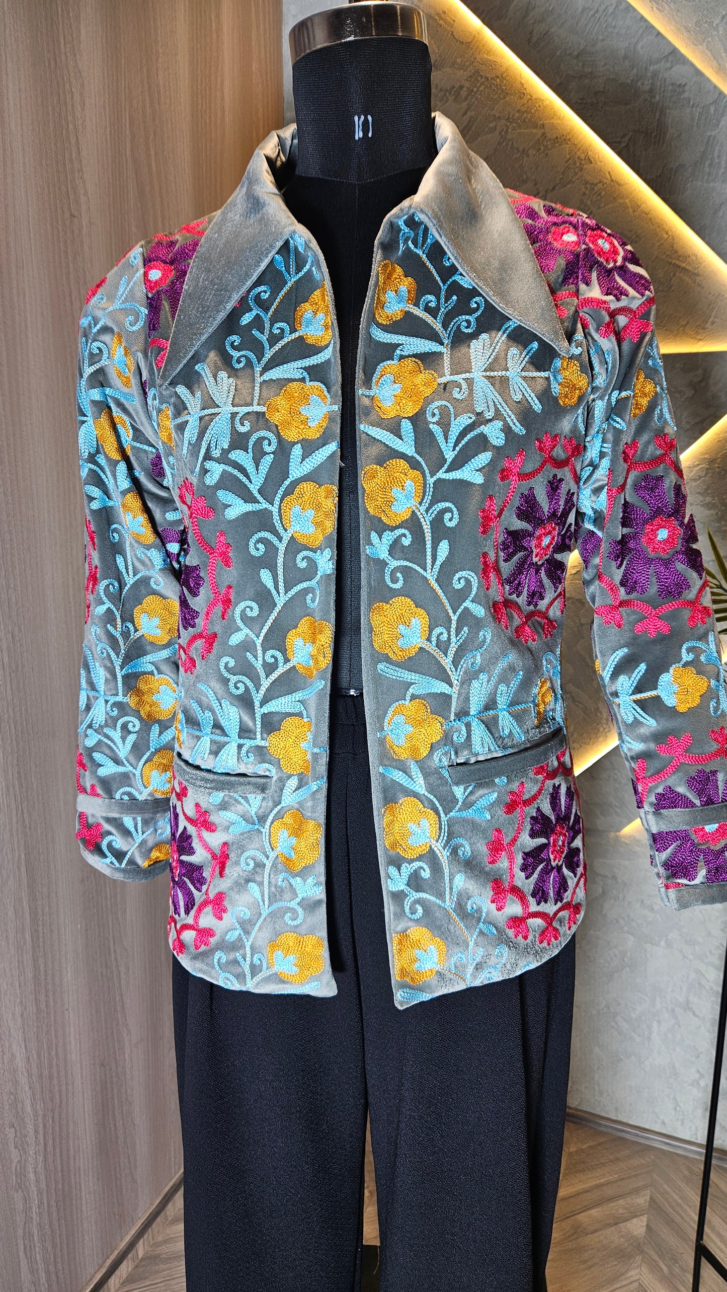 043-J-HOB : Handcrafted Velvet Floral Embroidered Jacket – Made in India