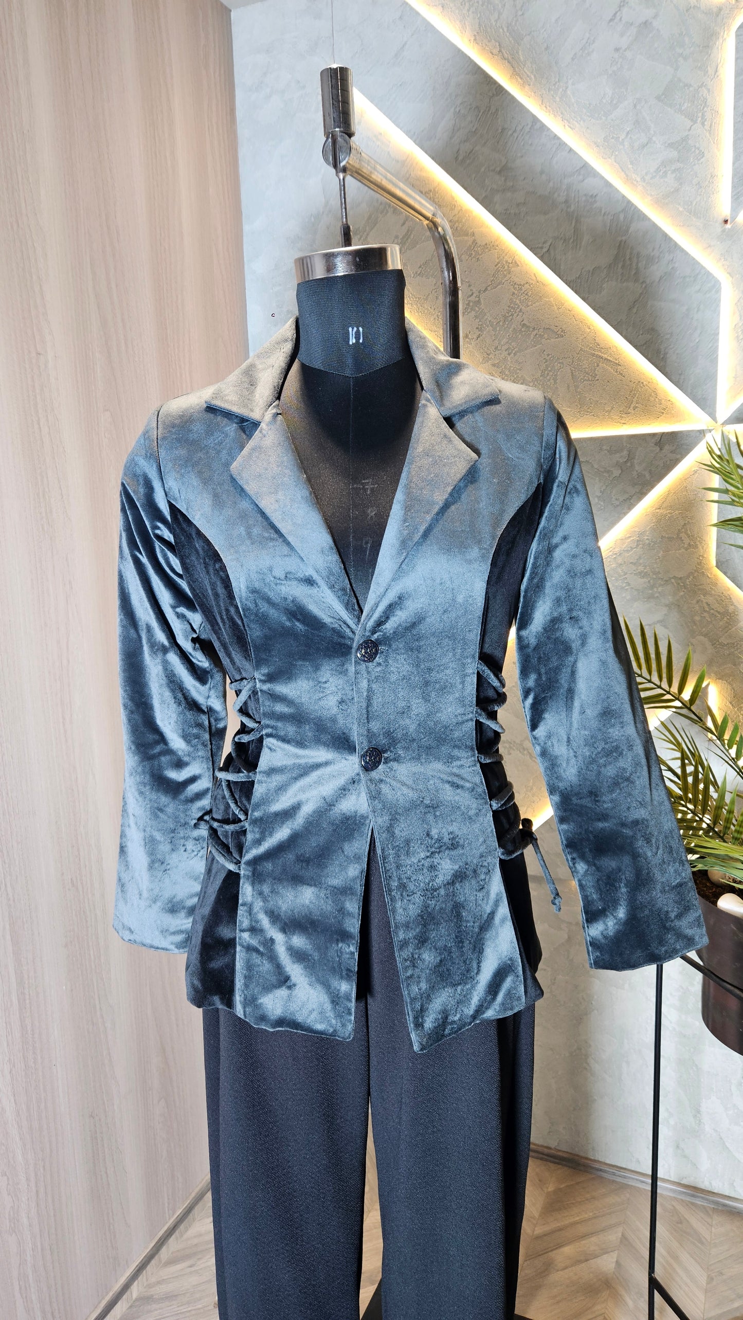 044-J-HOB : Women’s Velvet Tailored Blazer Top with Side Lace Detailing – Made in India