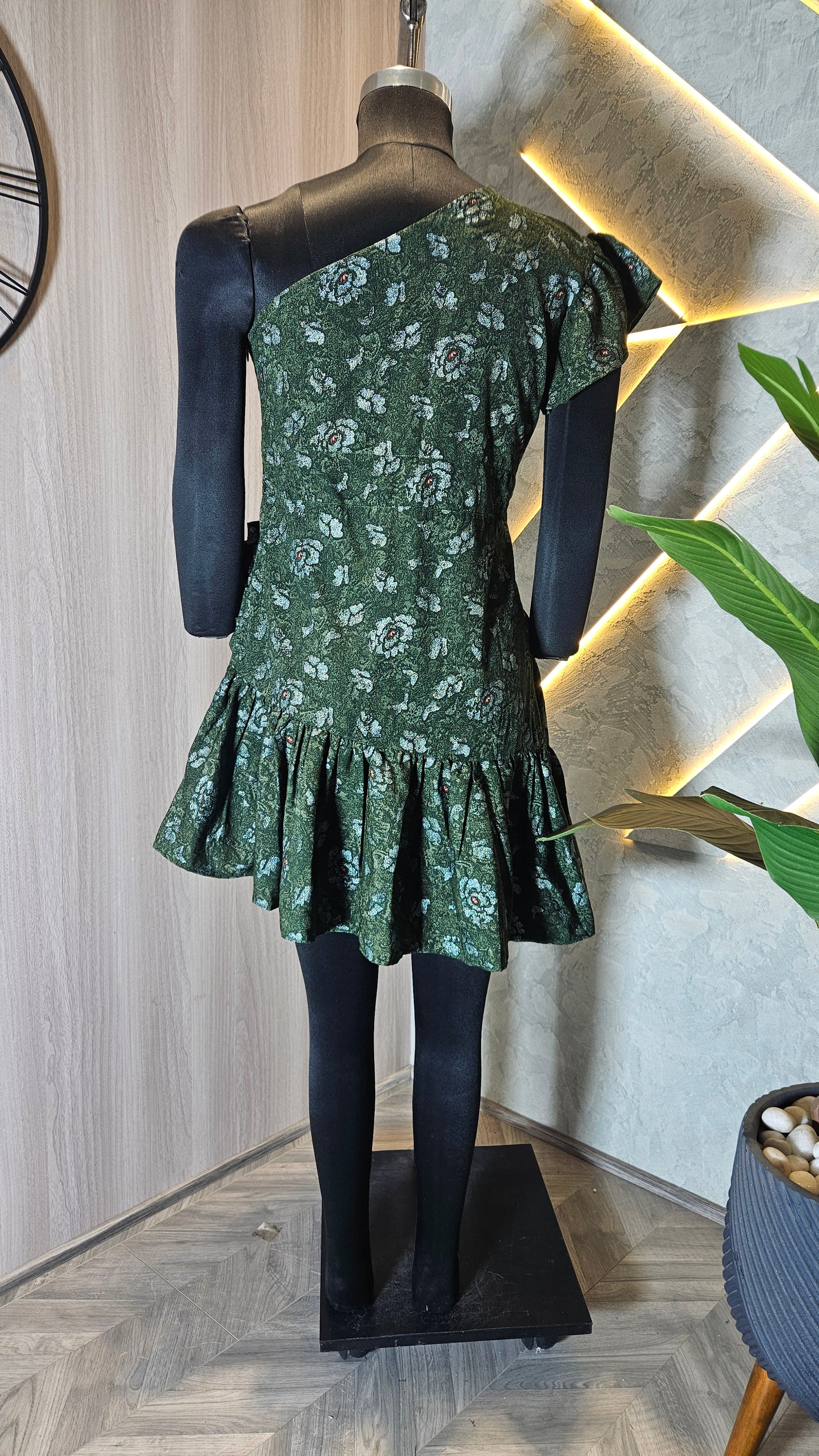 080-D-HOB Elegant One-Shoulder Green Floral Ruffle Dress – Made in India